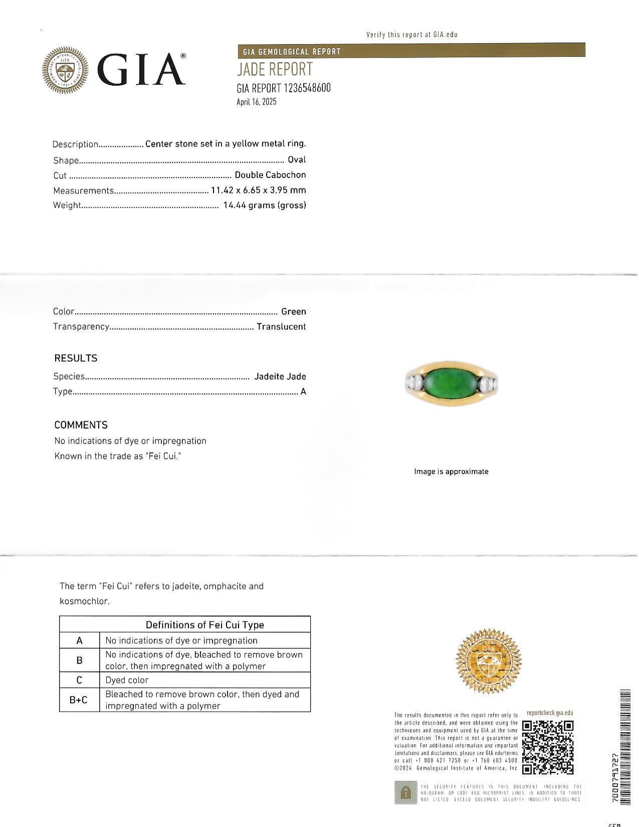 Modernist Fei Cui Jadeite Jade Diamond 18 Karat Yellow Gold Vintage Channel Ring