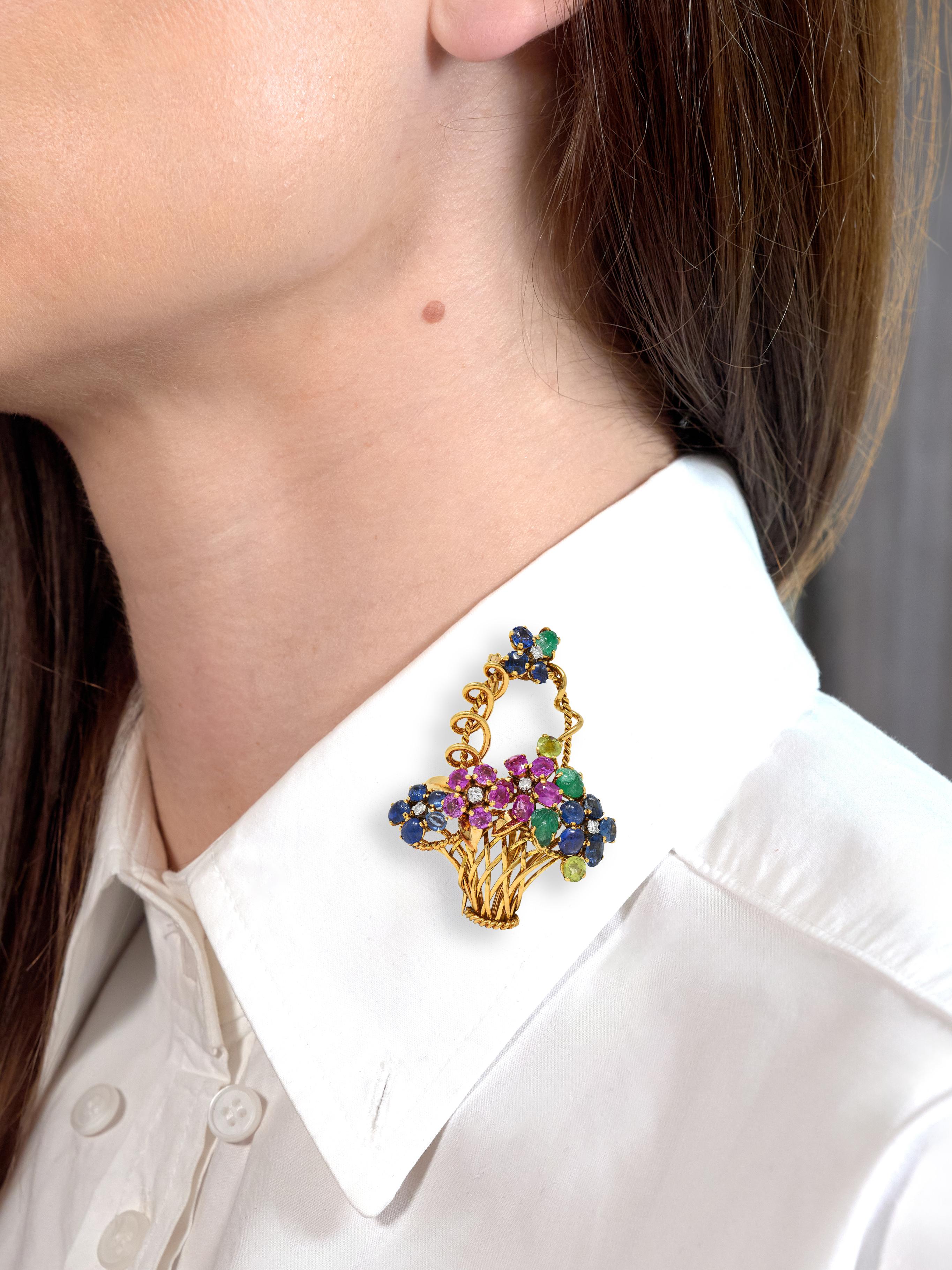 Mauboussin Paris 1950's Multi-Gem 18K Gold Vintage Giardinetto Floral Brooch