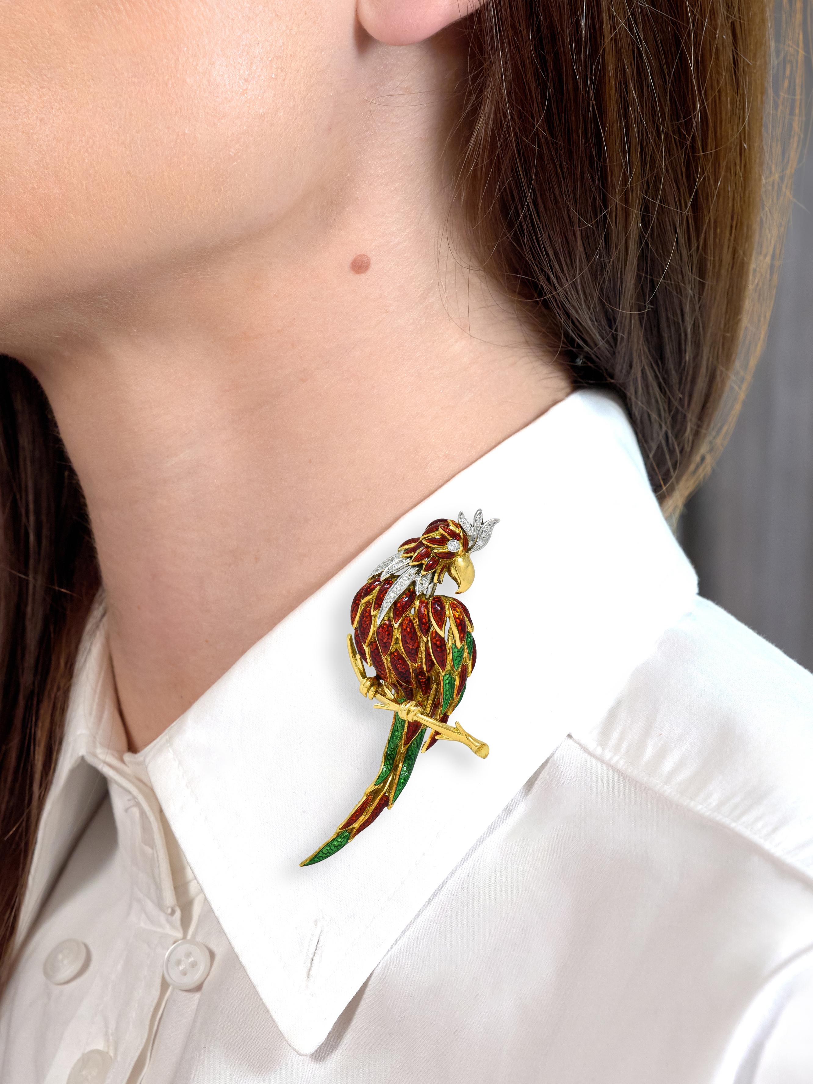 1980's Diamond Enamel 18 Karat Two-Tone Gold Vintage Parrot Brooch