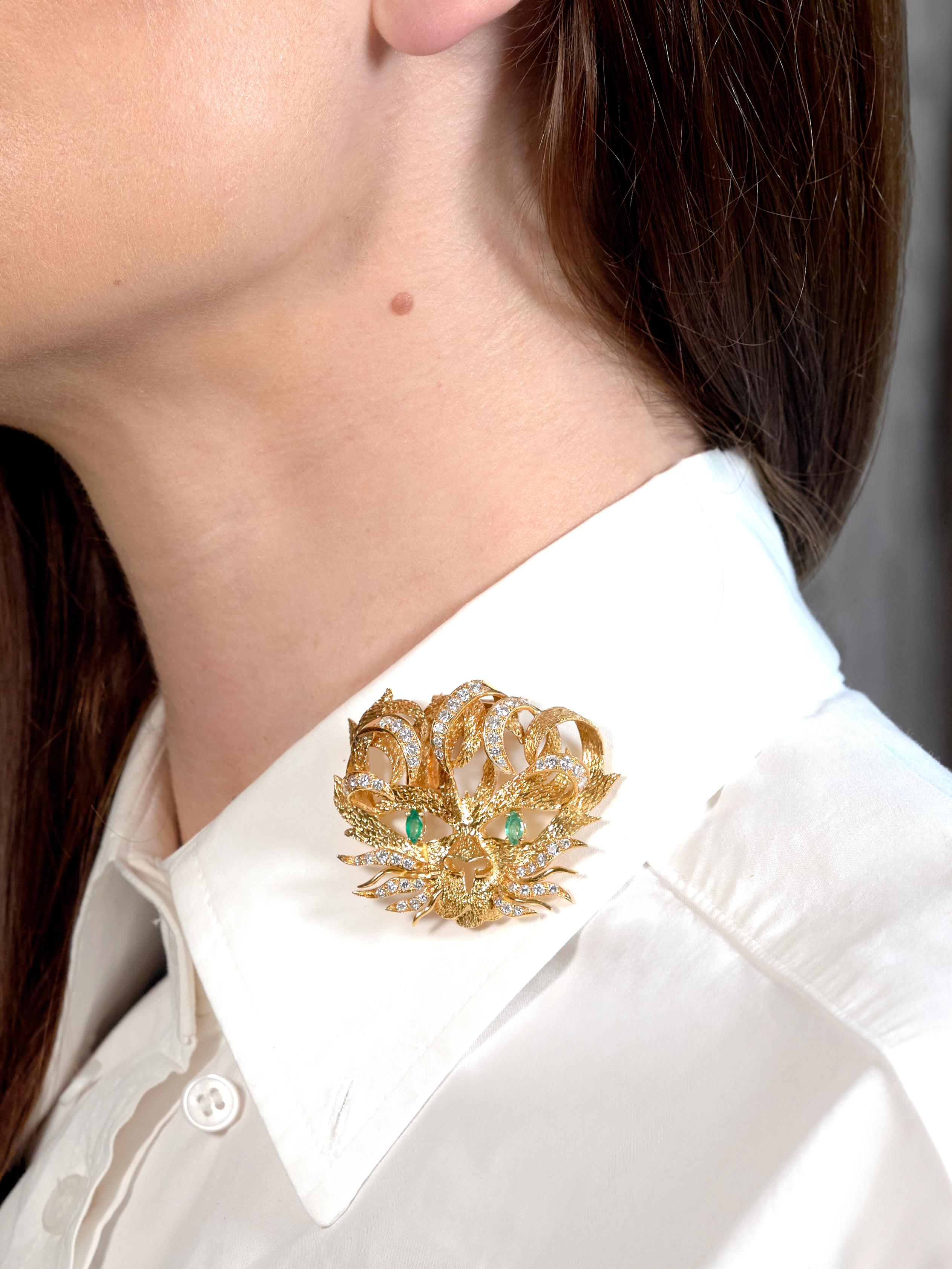 Hermès 1960's Emerald Diamond 18 Karat Yellow Gold Vintage Mistigri Cat Brooch