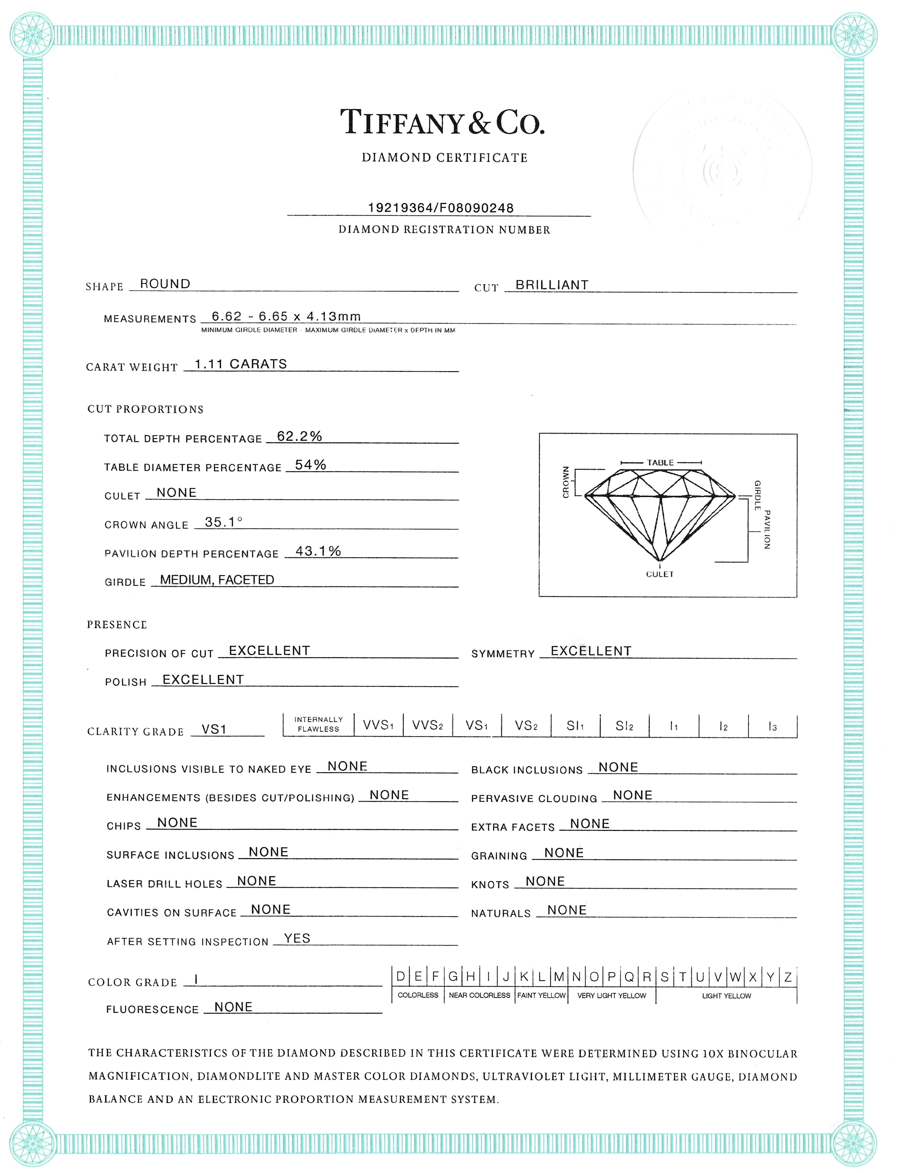 Tiffany & Co. 1.11 Carat Round Diamond Platinum Solitaire Engagement Ring GIA