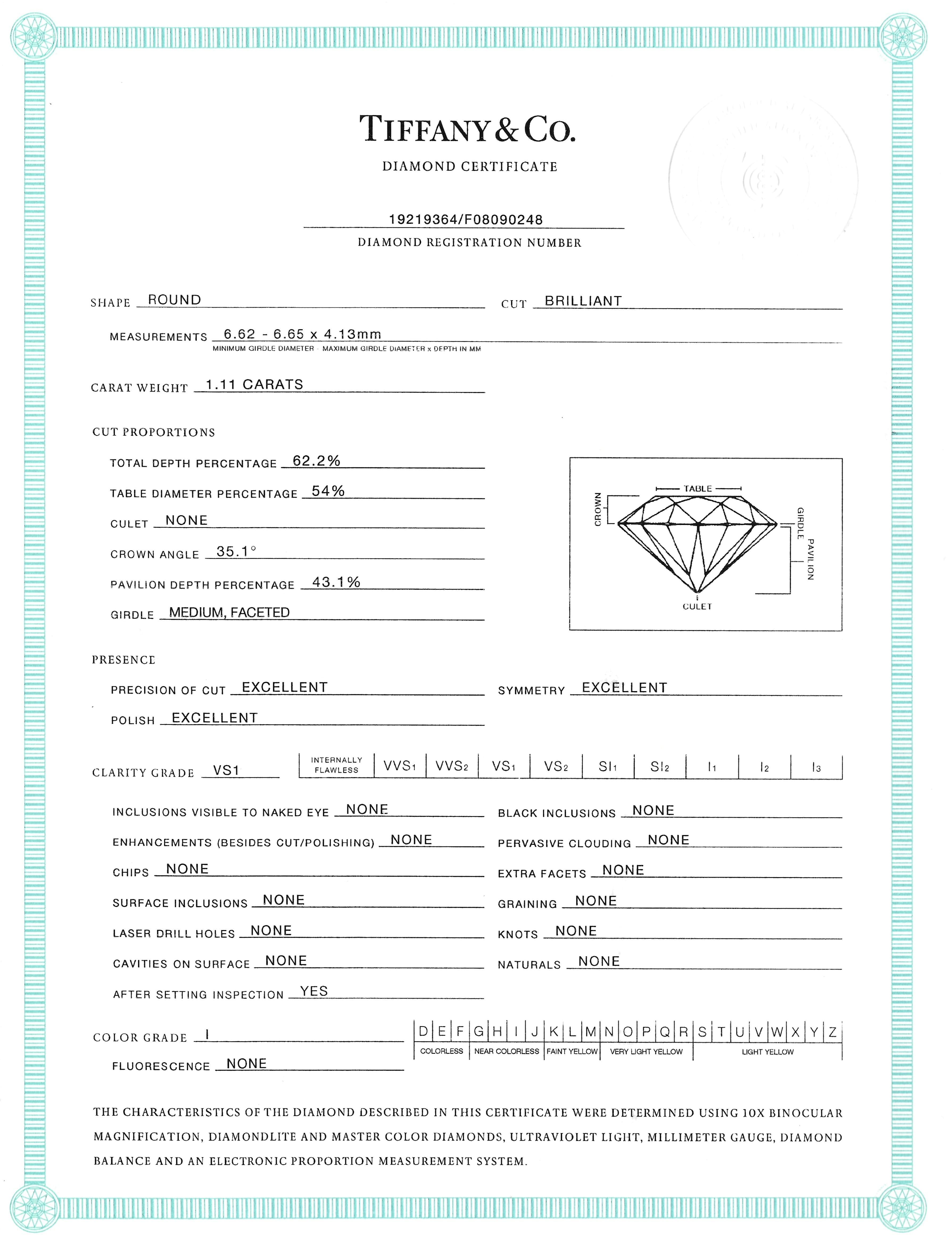 Tiffany & Co. 1.11 Carat Round Diamond Platinum Solitaire Engagement Ring GIA