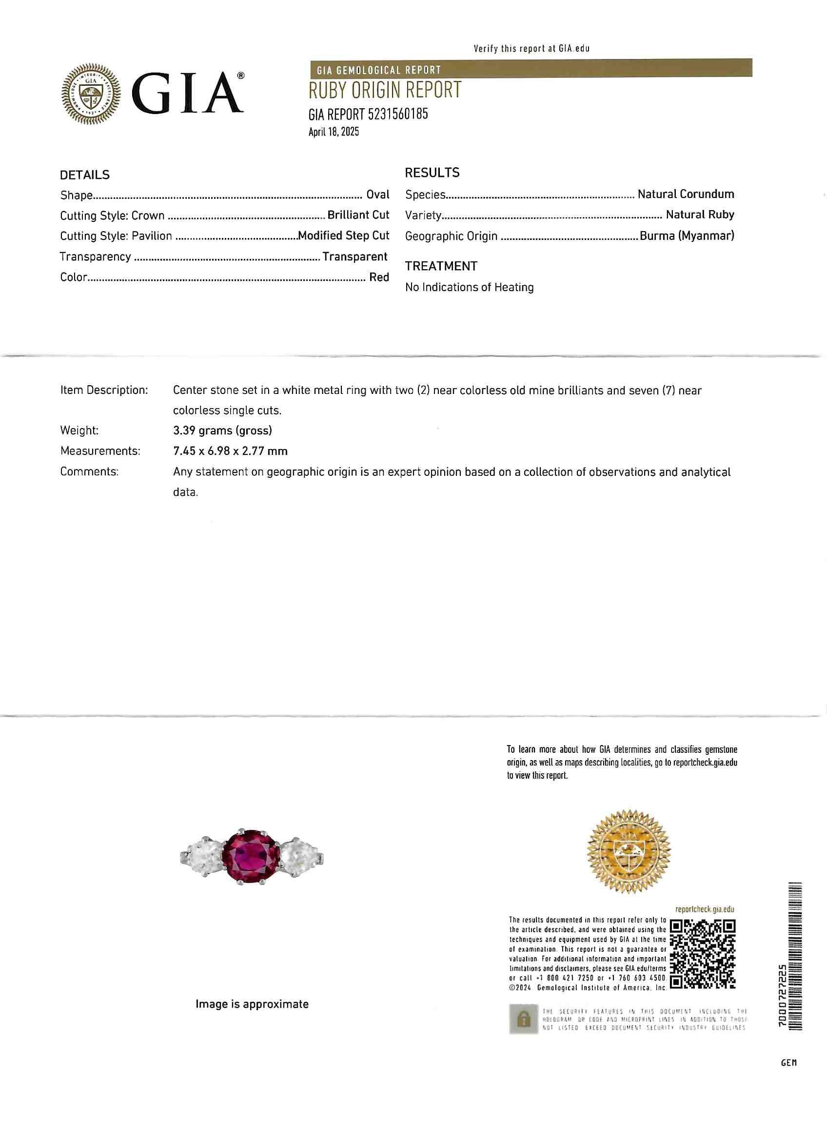Edwardian 1.90 CTW No Heat Burma Ruby Diamond Platinum Antique Three Stone Ring