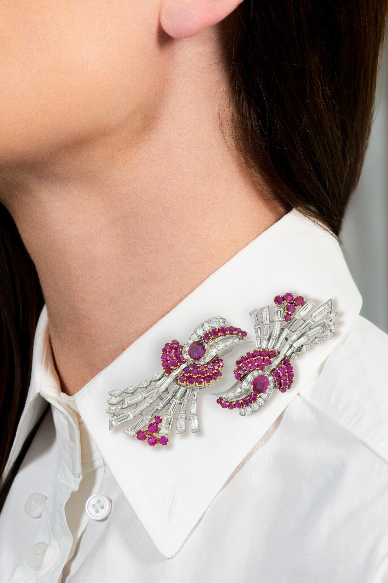 Oscar Heyman 1940 Diamond Burma Ruby Platinum 18K Gold Vintage Brooch Clips GIA