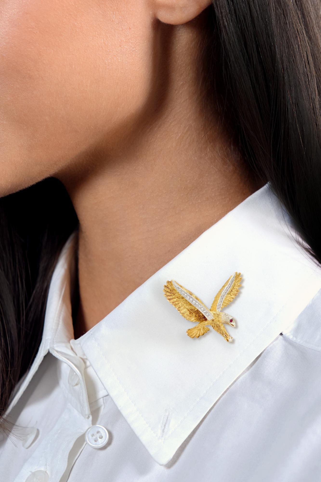 Mid-Century Diamond Ruby Platinum 18K Two-Tone Gold Vintage Bald Eagle Brooch