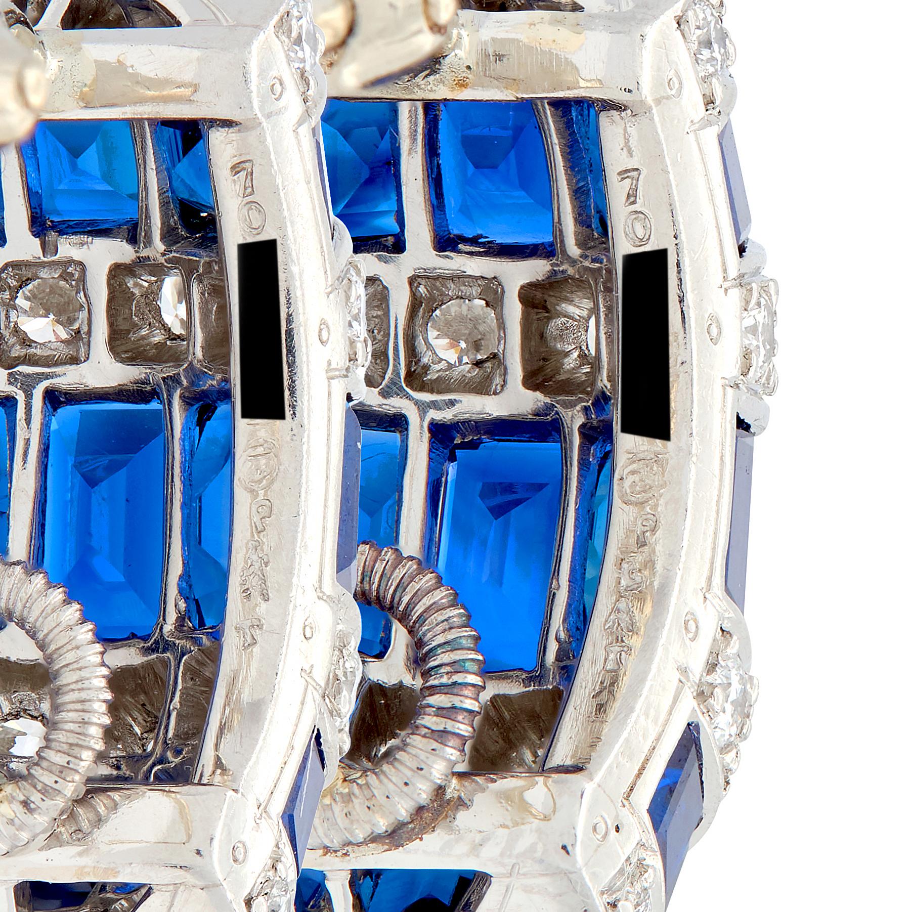 Oscar Heyman 1980's Diamond Sapphire Platinum Vintage J-Hoop Earrings