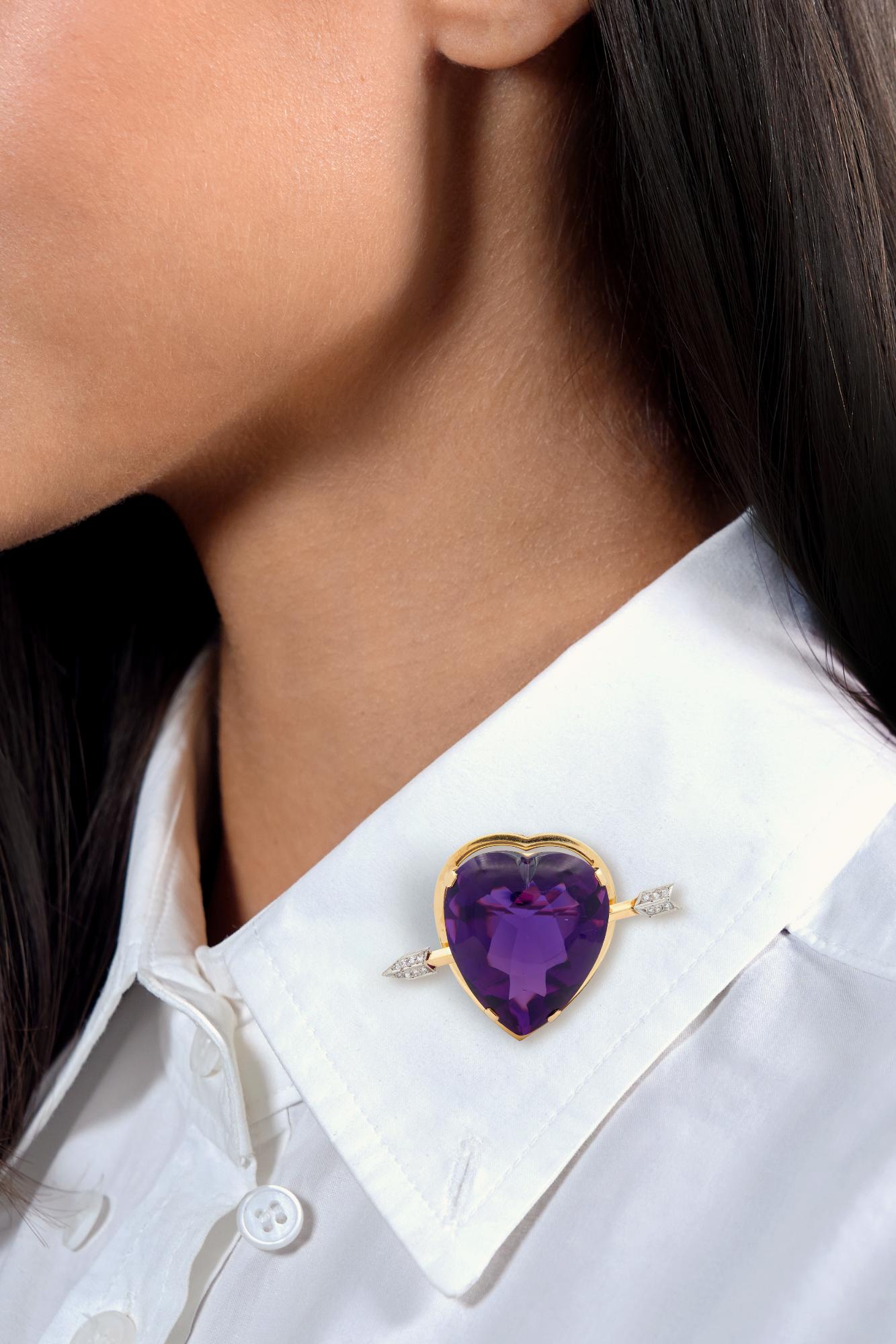 Victorian Amethyst Diamond 14 Karat Gold Antique Arrow & Heart Pendant Brooch
