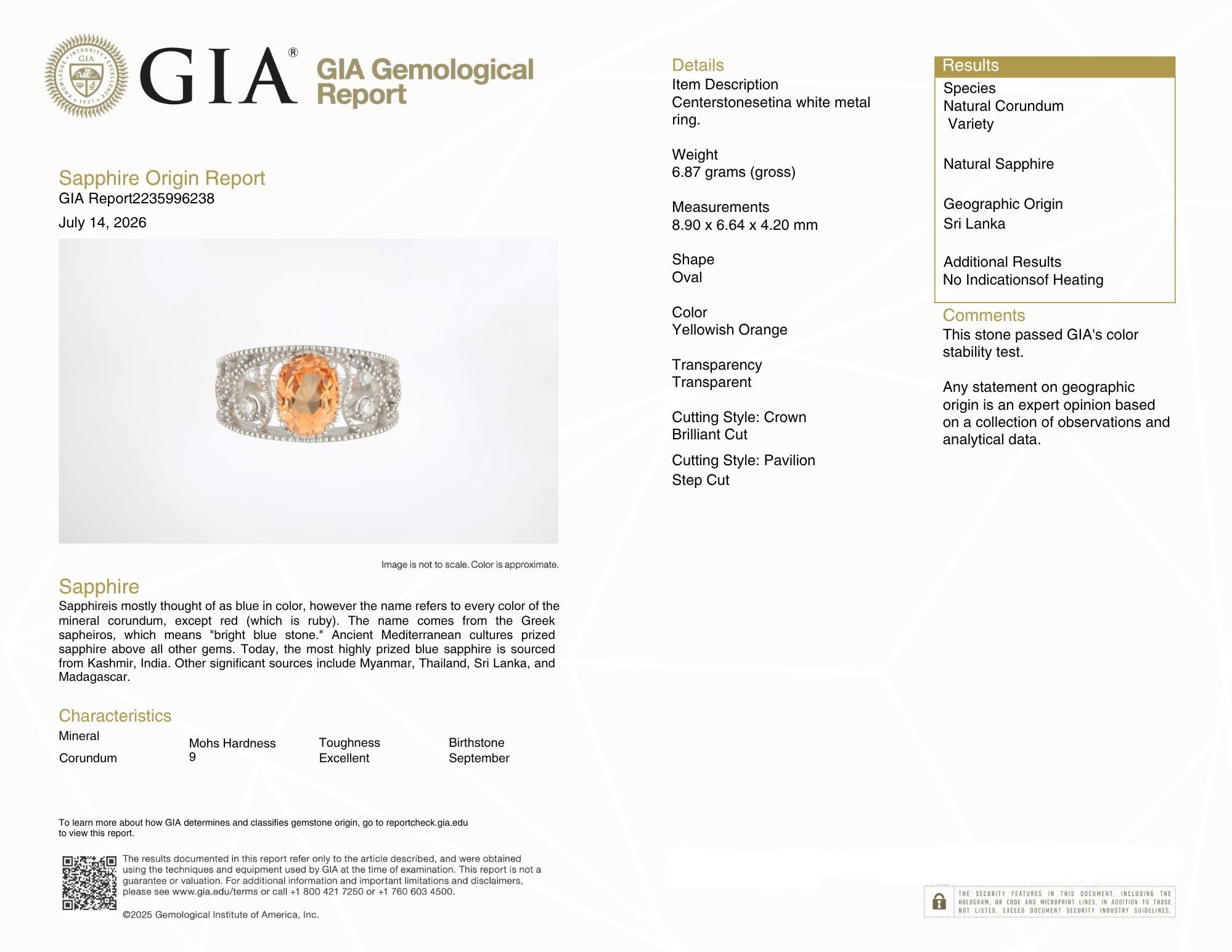 2010's No Heat Ceylon Orange Sapphire 18 Karat White Gold Scrolling Ring GIA