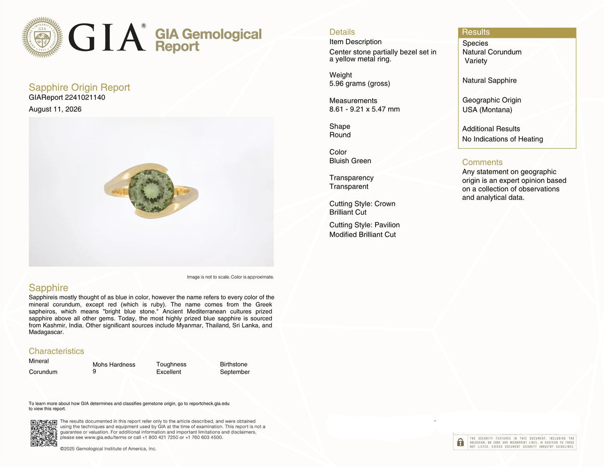 2000's 3.01 CT No Heat Montana Green Sapphire 14K Yellow Gold Bypass Ring GIA