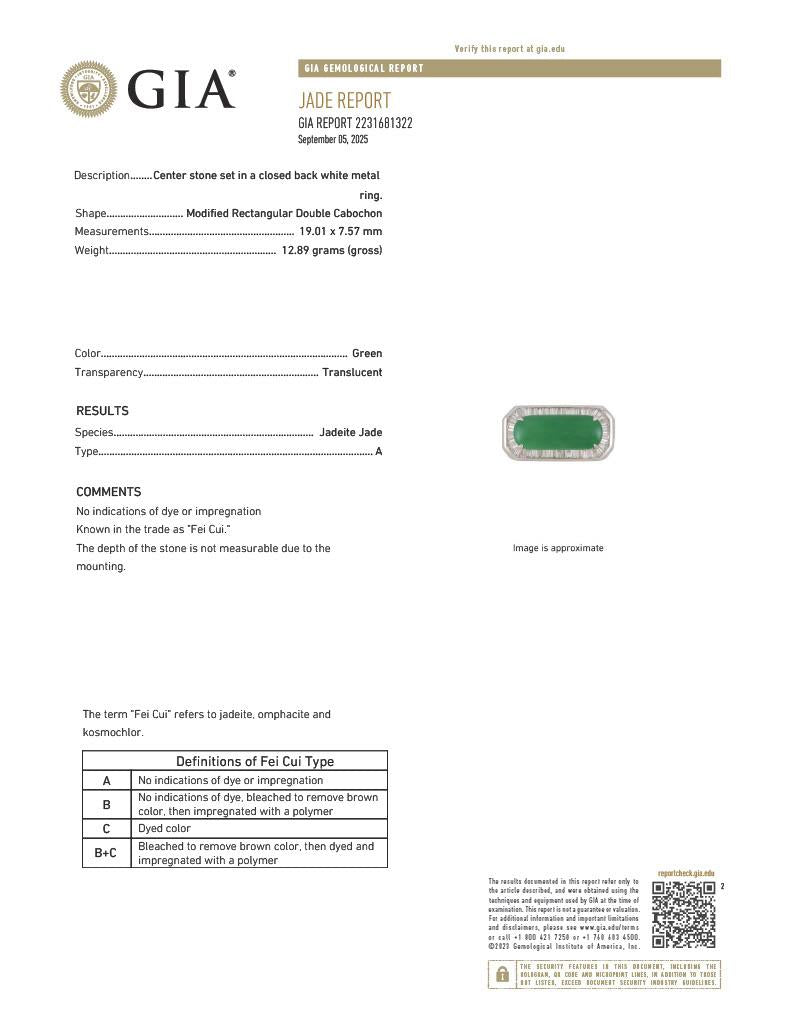 Contemporary Type A Jadeite Jade Diamond 18 Karat White Gold Halo Ring GIA