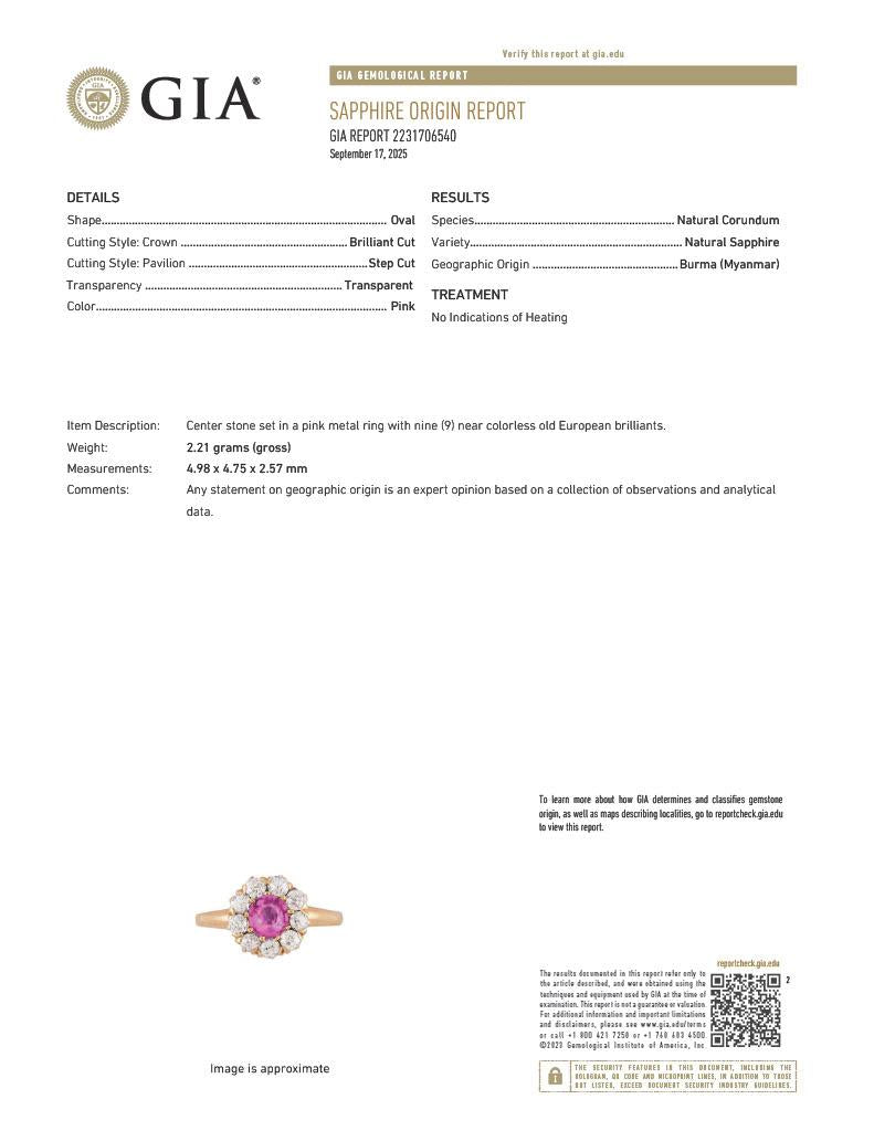 Victorian No Heat Burma Pink Sapphire Diamond 14K Gold Antique Halo Ring GIA