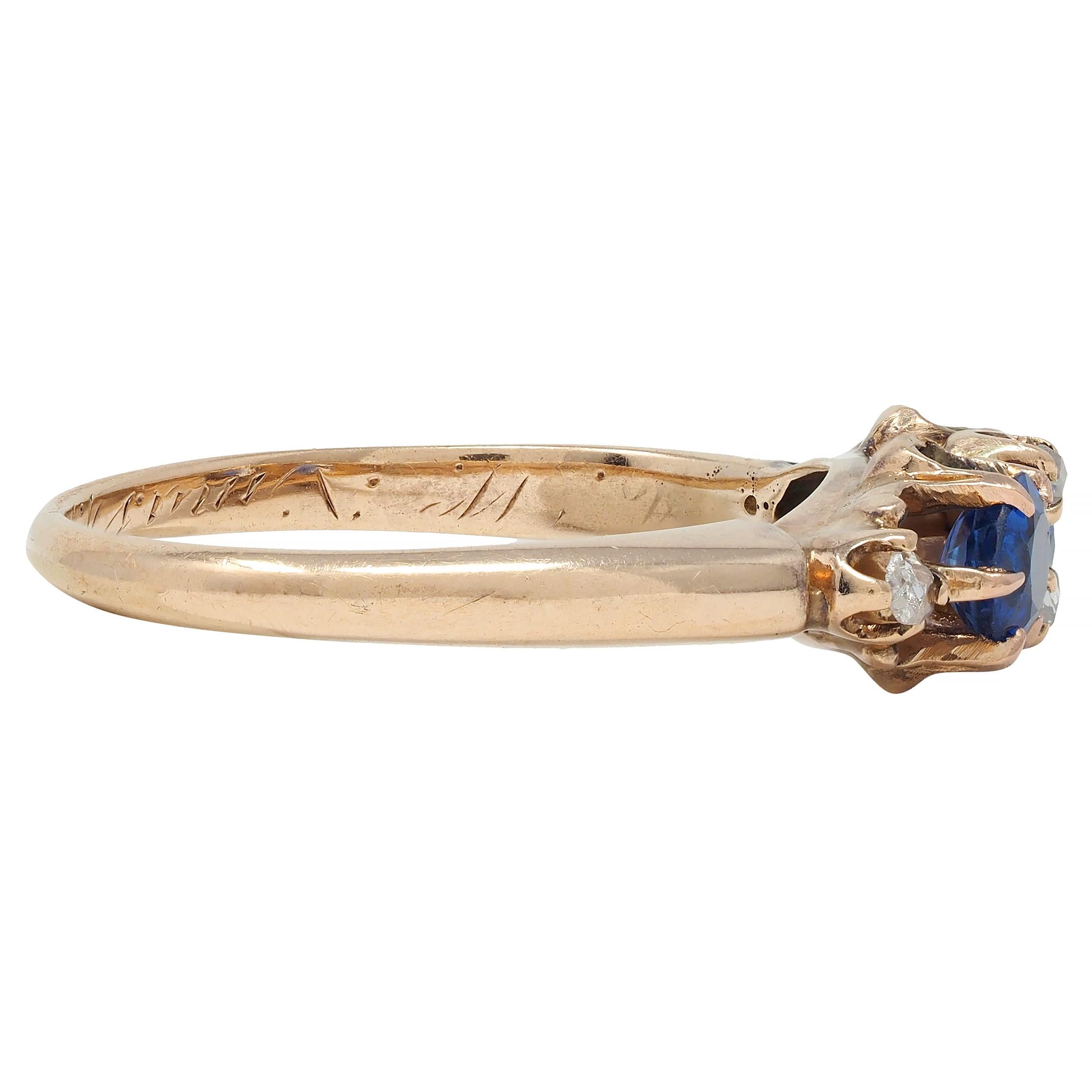 Late Victorian 1900 Sapphire Diamond 14 Karat Gold Antique Belcher Band Ring