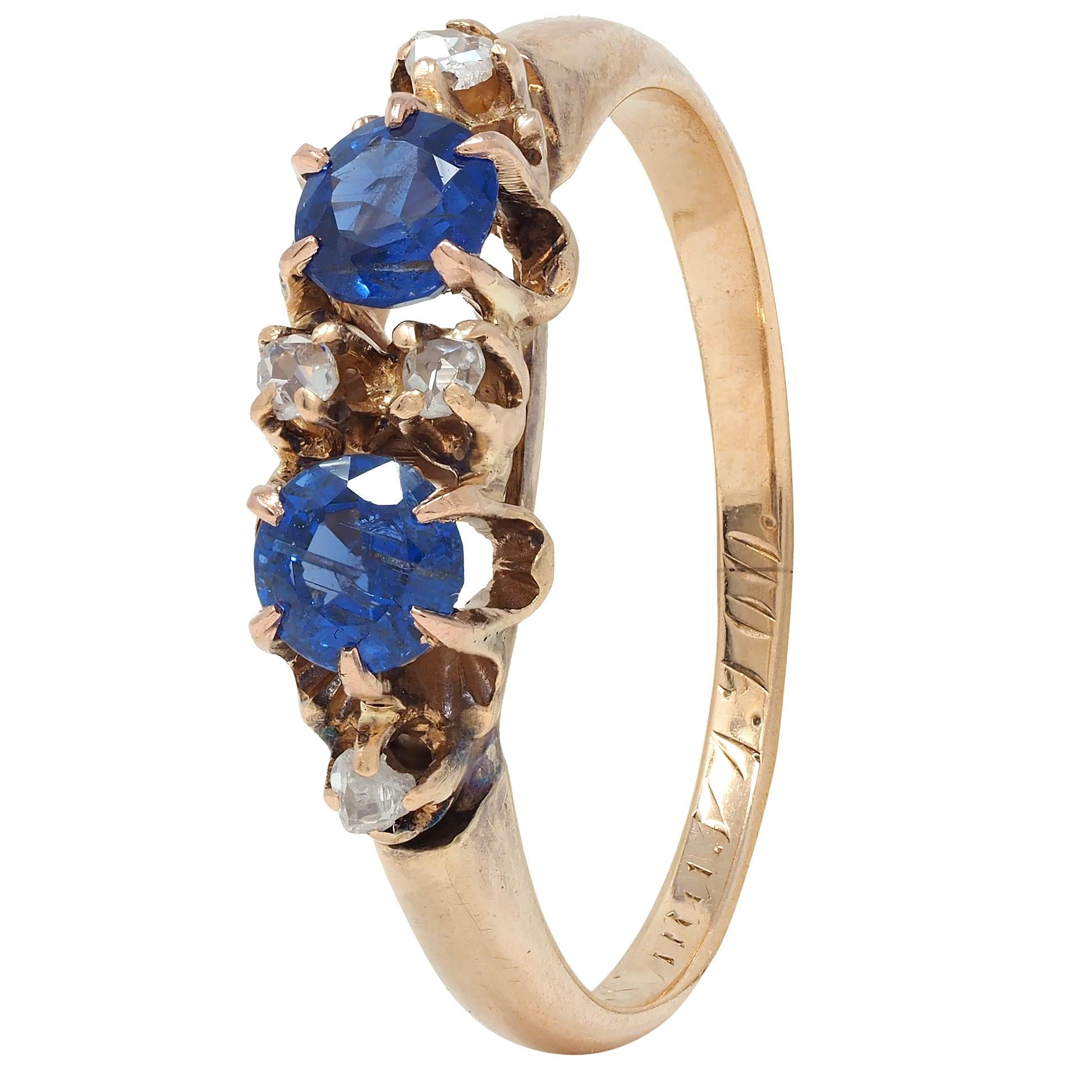 Late Victorian 1900 Sapphire Diamond 14 Karat Gold Antique Belcher Band Ring