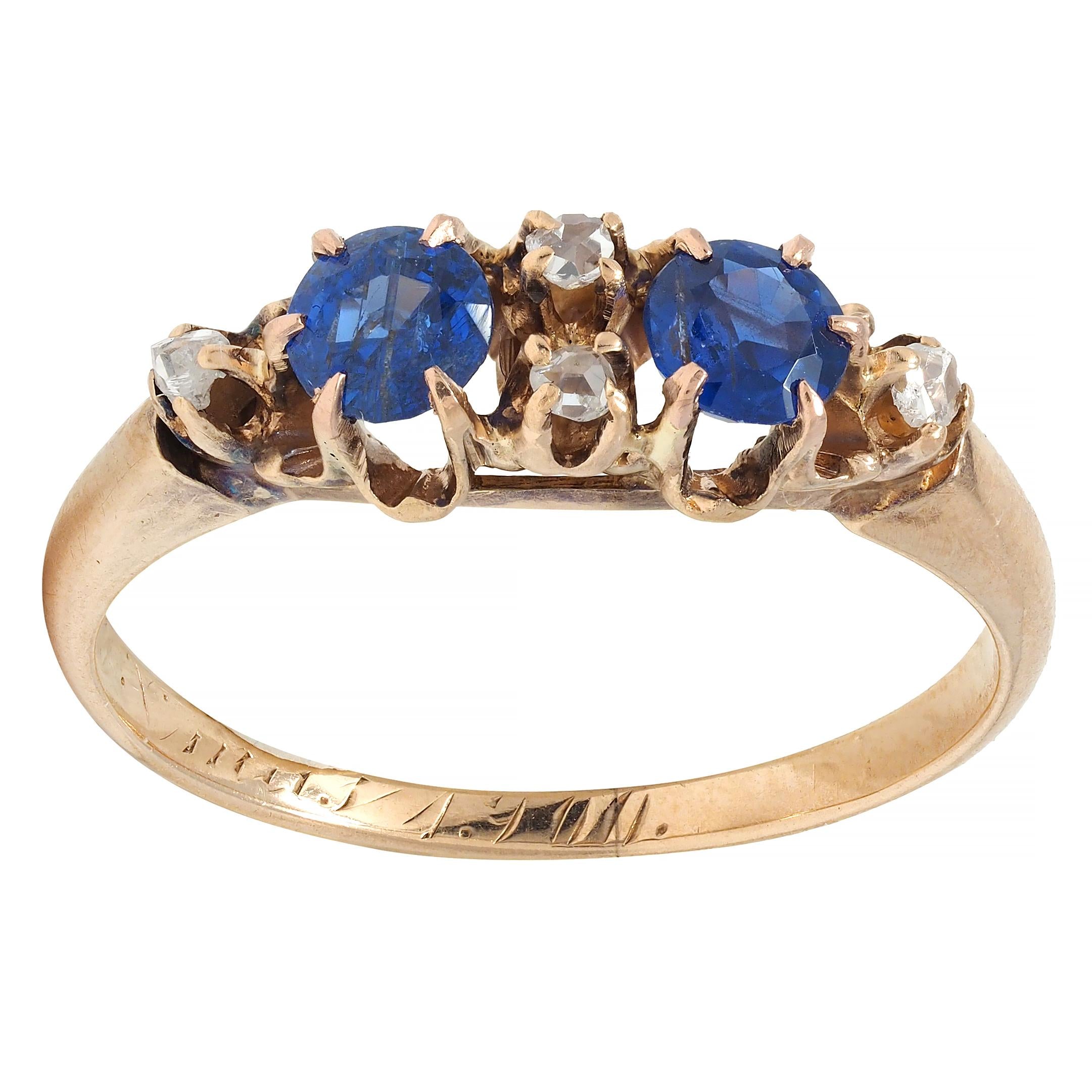 Late Victorian 1900 Sapphire Diamond 14 Karat Gold Antique Belcher Band Ring