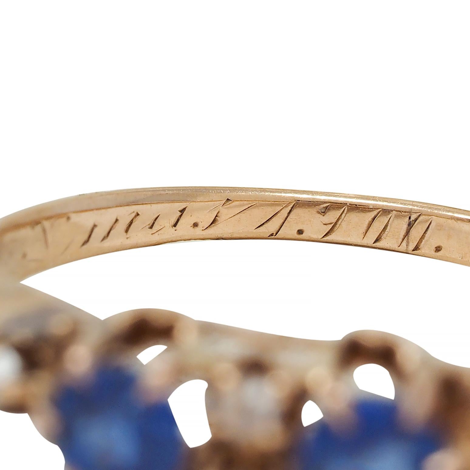 Late Victorian 1900 Sapphire Diamond 14 Karat Gold Antique Belcher Band Ring