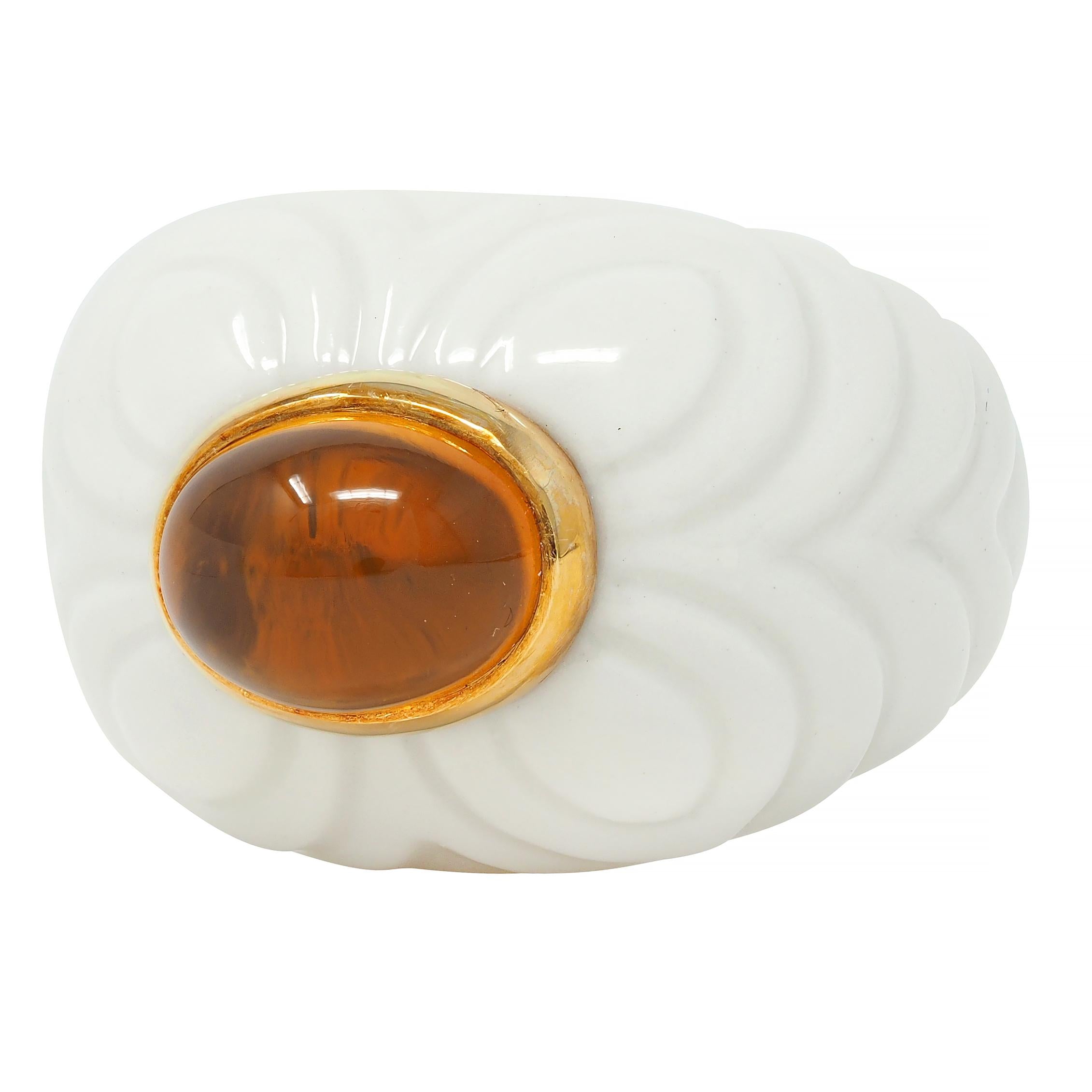 Bulgari 1990's Citrine Porcelain Ceramic 18 Karat Gold Chandra Vintage Ring