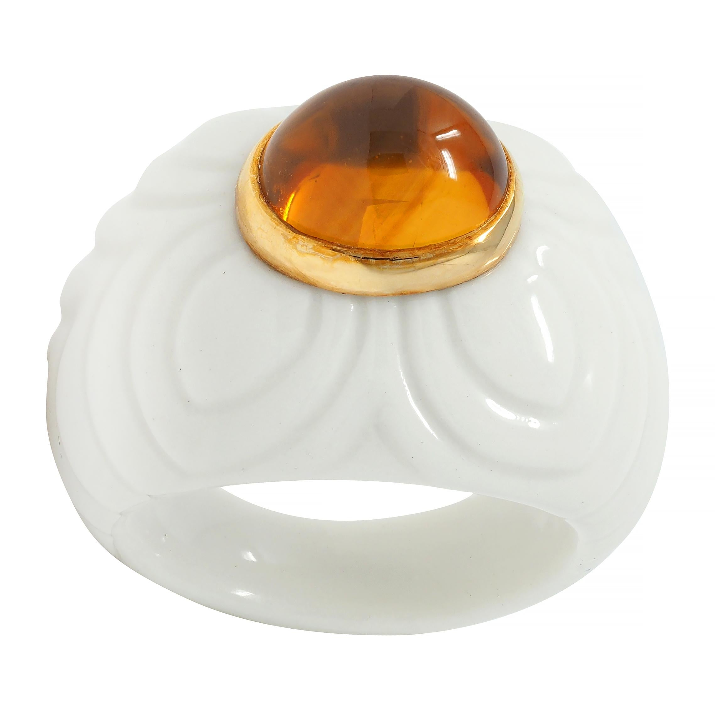 Bulgari 1990's Citrine Porcelain Ceramic 18 Karat Gold Chandra Vintage Ring