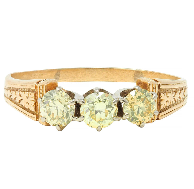 Victorian Fancy Yellow Diamond Platinum 18 Karat Gold Three Stone Antique Ring