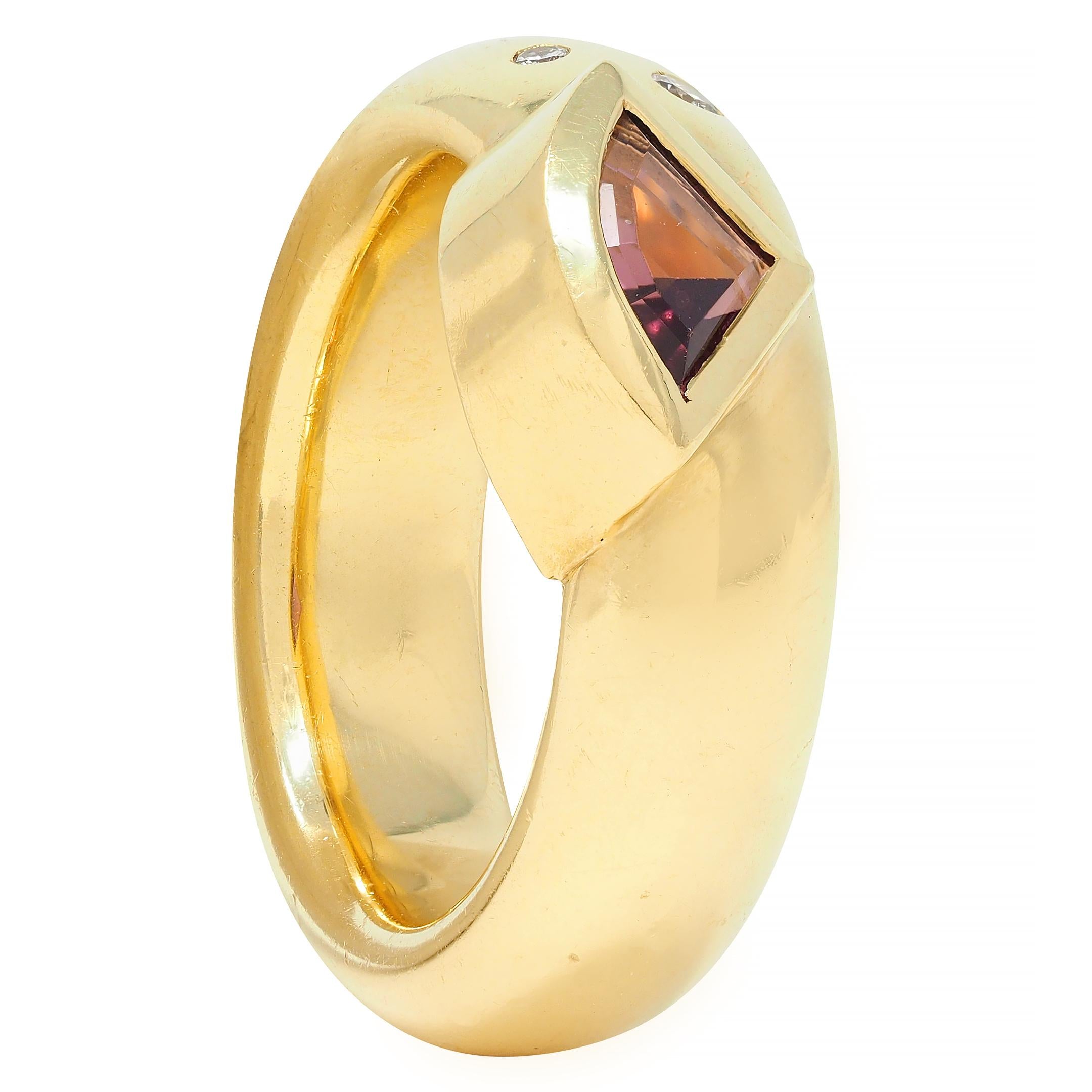 H. Stern Triangular Pink Topaz Diamond 18 Karat Yellow Gold Ring