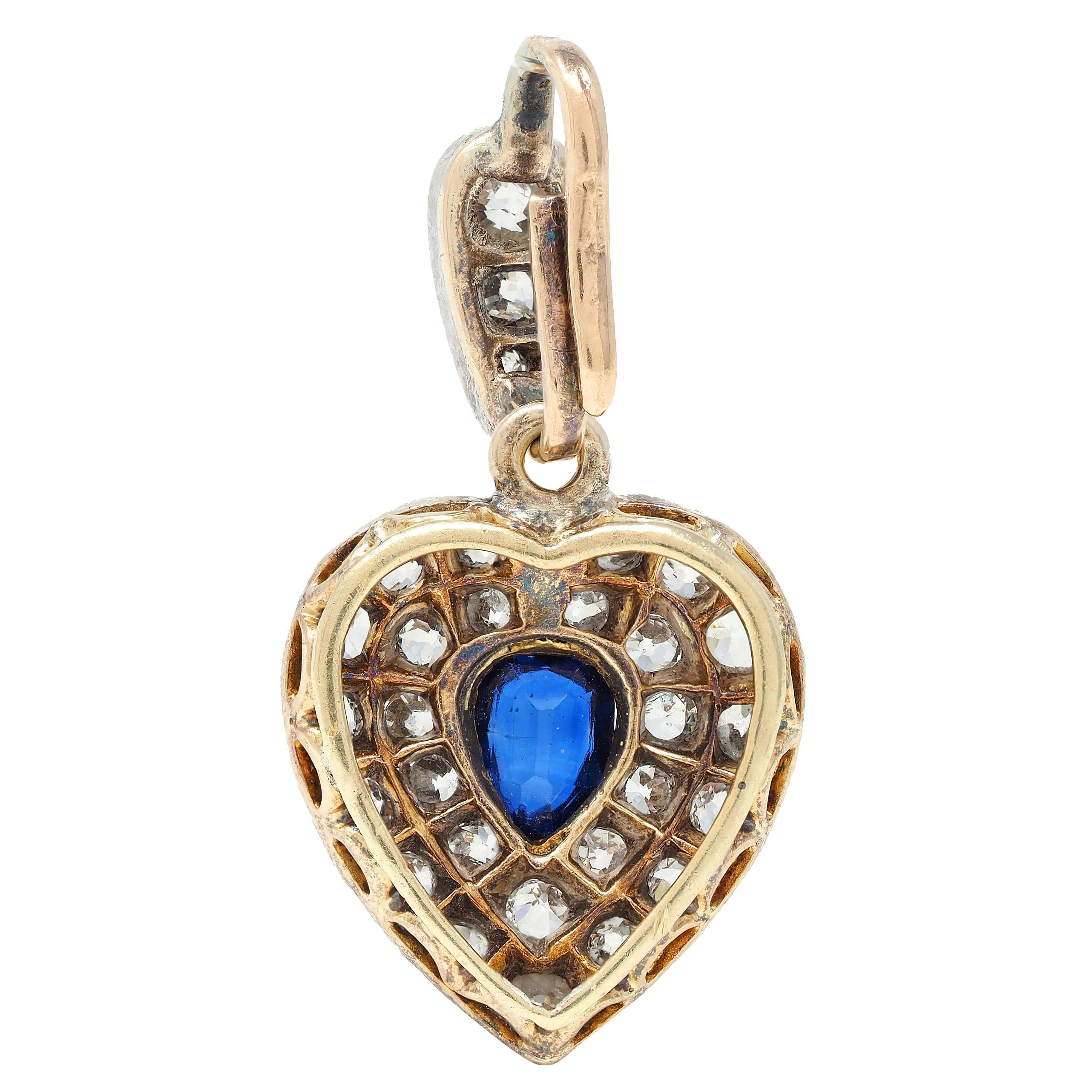 Victorian 0.95 CTW Sapphire Diamond Silver 14 Karat Gold Antique Heart Pendant