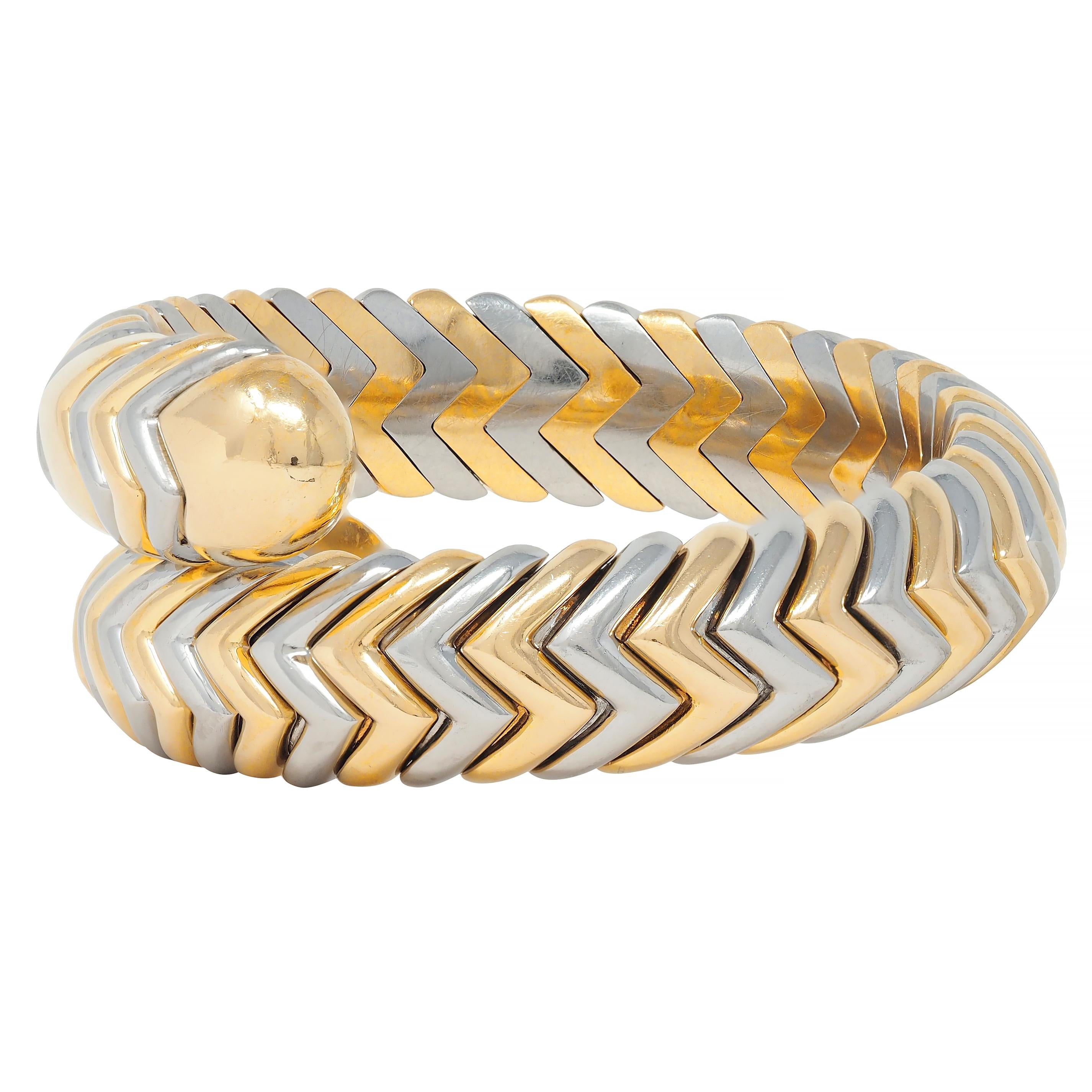 Bulgari 18K Gold Stainless Steel Spiga Chevron Wrap Vintage Bangle Bracelet