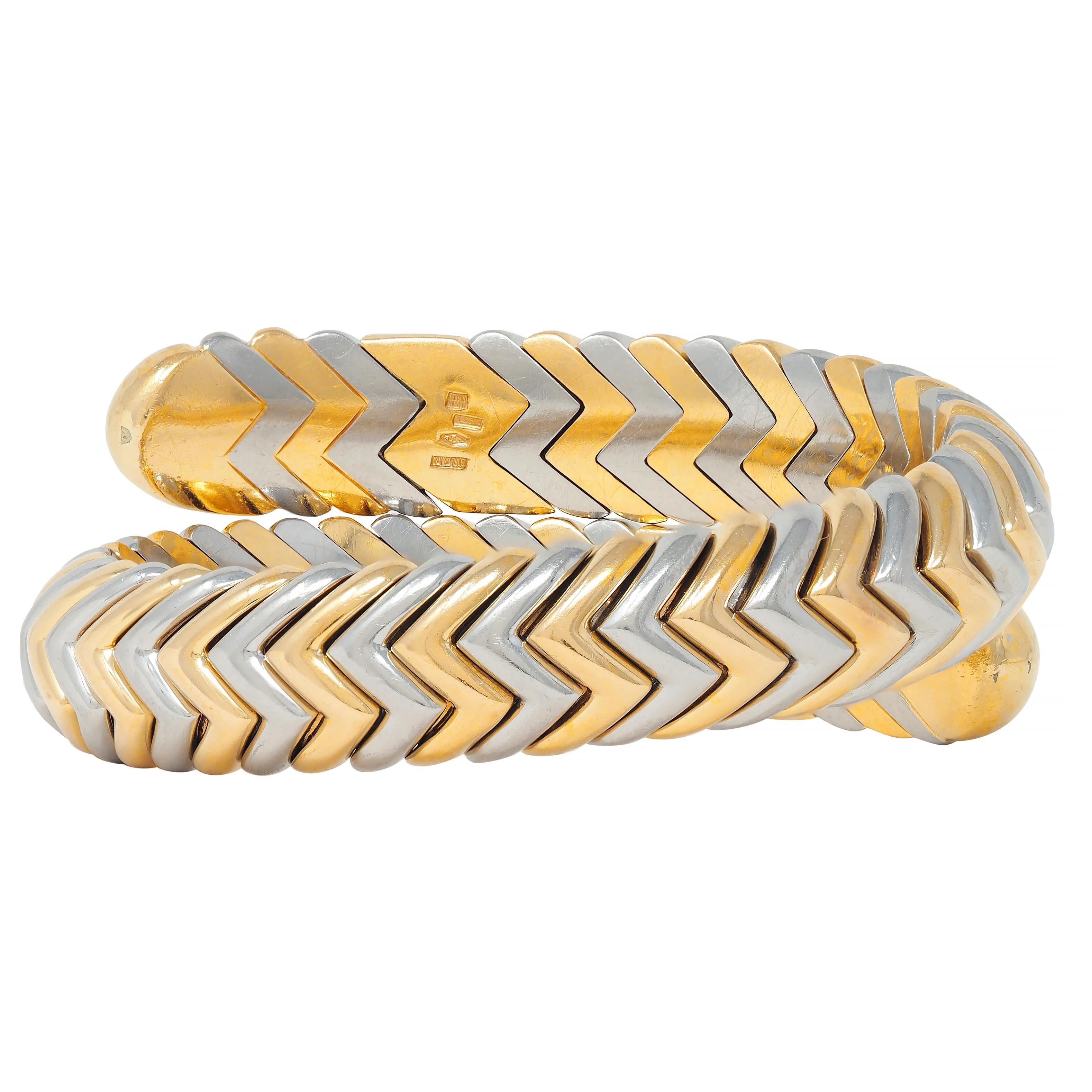 Bulgari 18K Gold Stainless Steel Spiga Chevron Wrap Vintage Bangle Bracelet