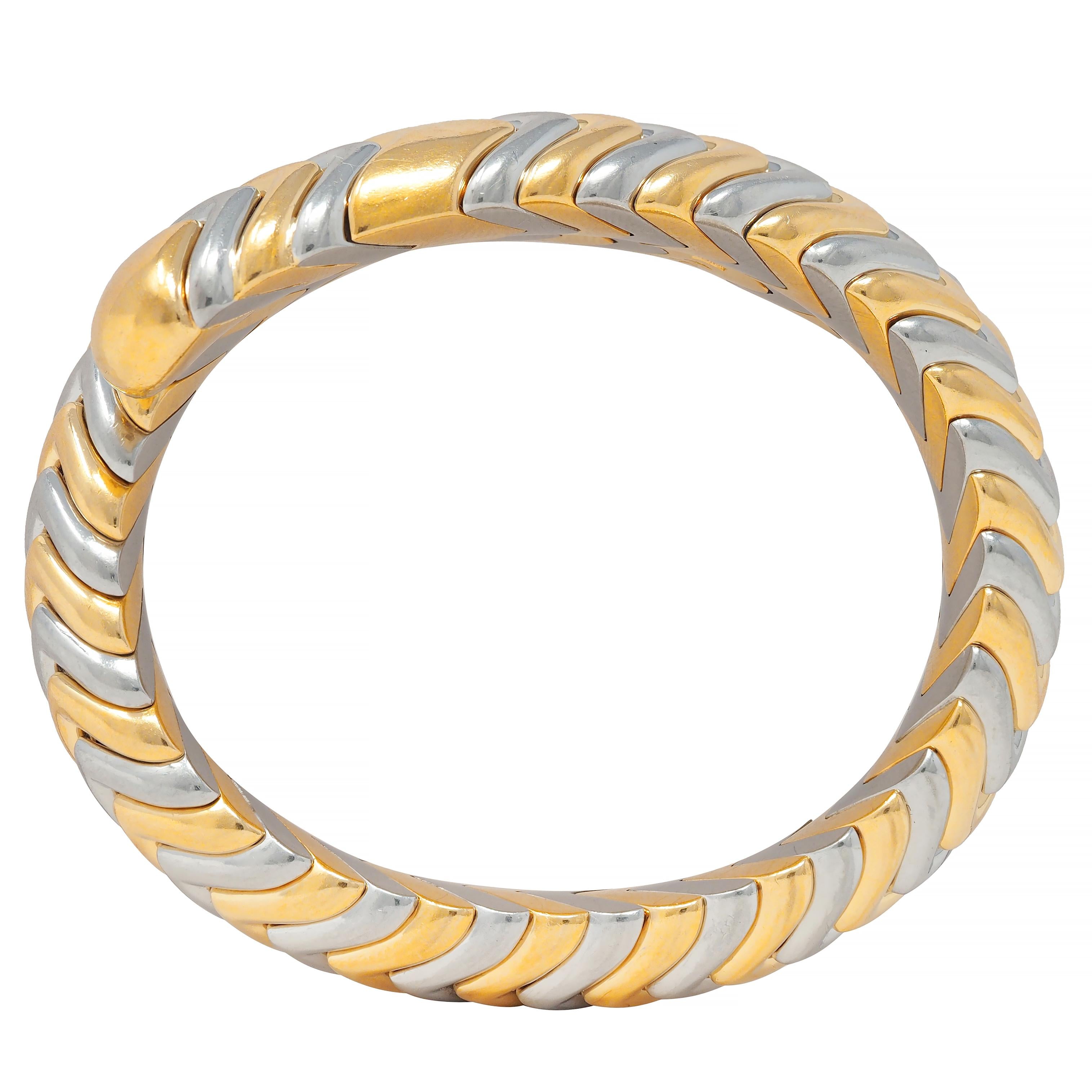 Bulgari 18K Gold Stainless Steel Spiga Chevron Wrap Vintage Bangle Bracelet