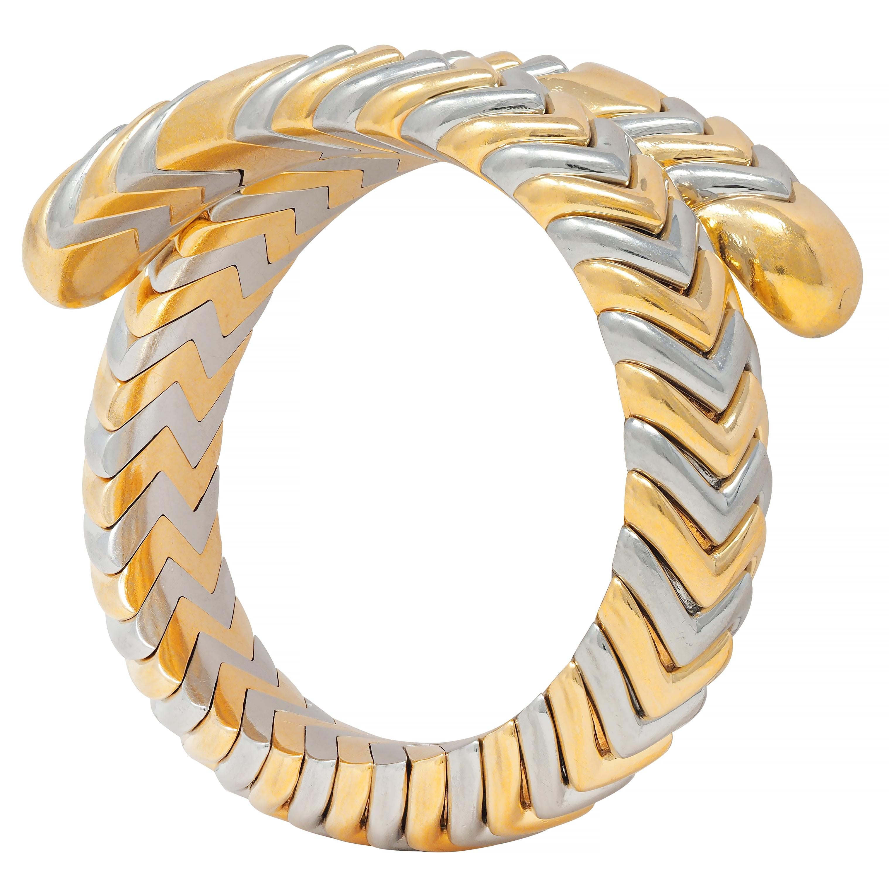 Bulgari 18K Gold Stainless Steel Spiga Chevron Wrap Vintage Bangle Bracelet