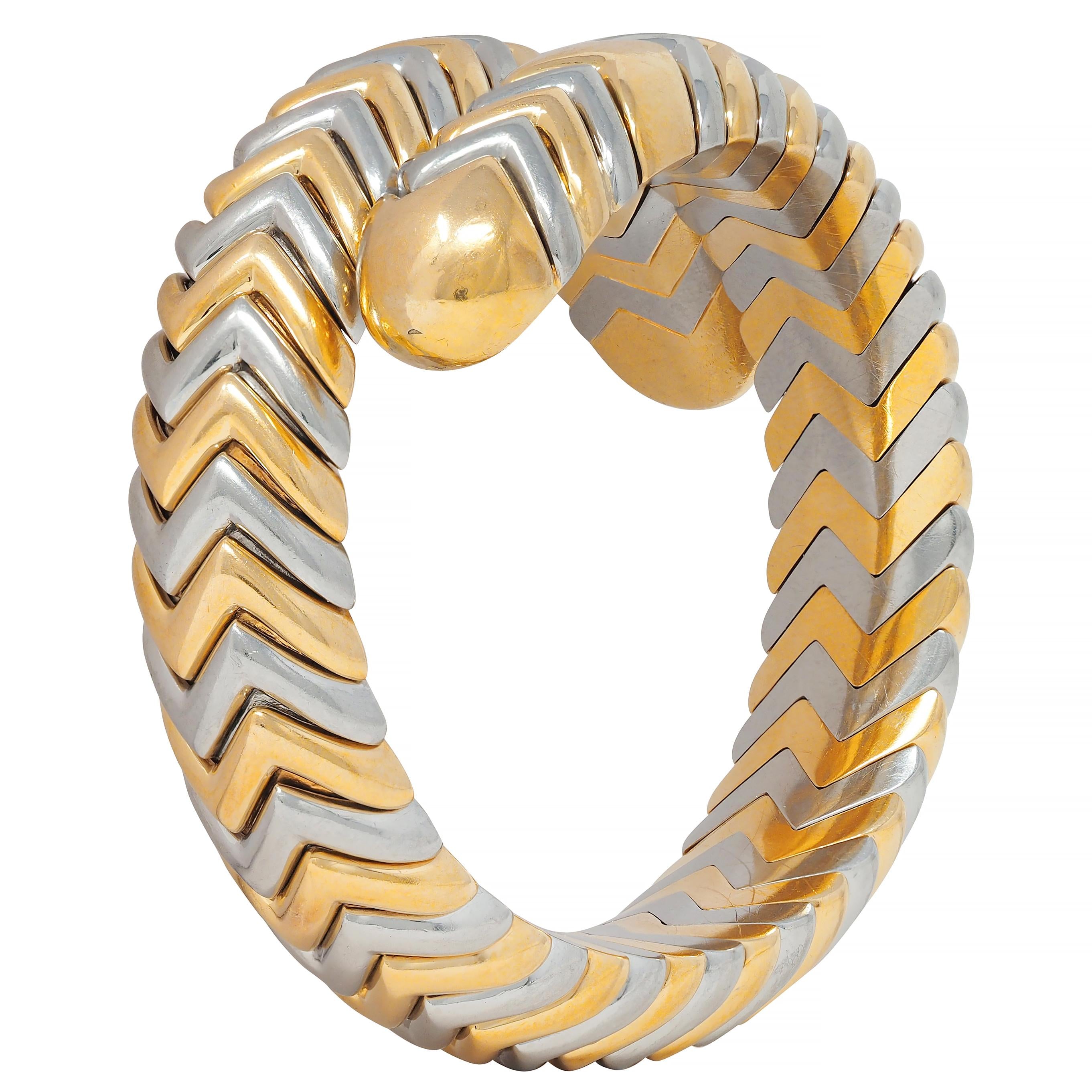 Bulgari 18K Gold Stainless Steel Spiga Chevron Wrap Vintage Bangle Bracelet