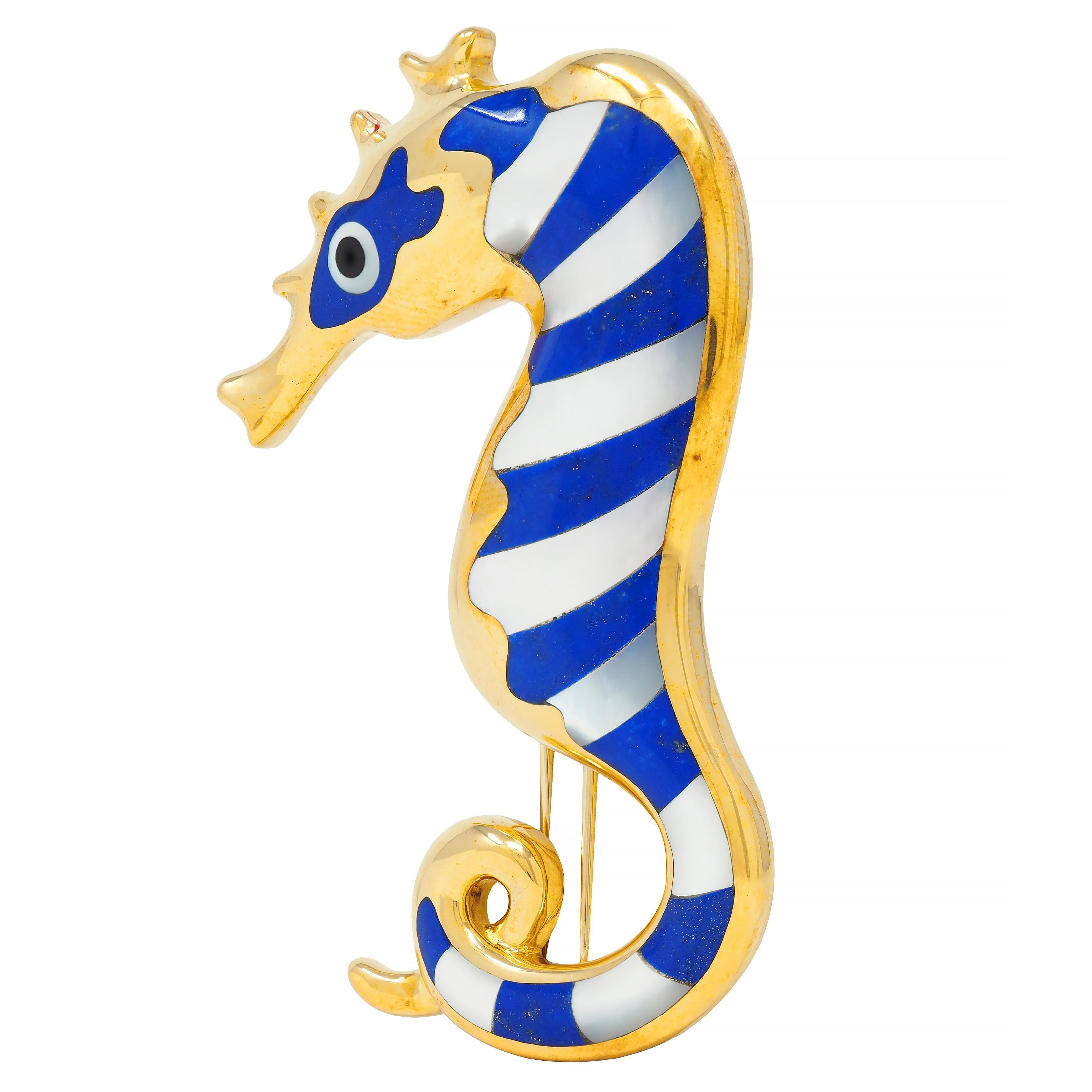 Tiffany & Co. 1970's Lapis Lazuli Mother-Of-Pearl Onyx 18K Gold Seahorse Brooch