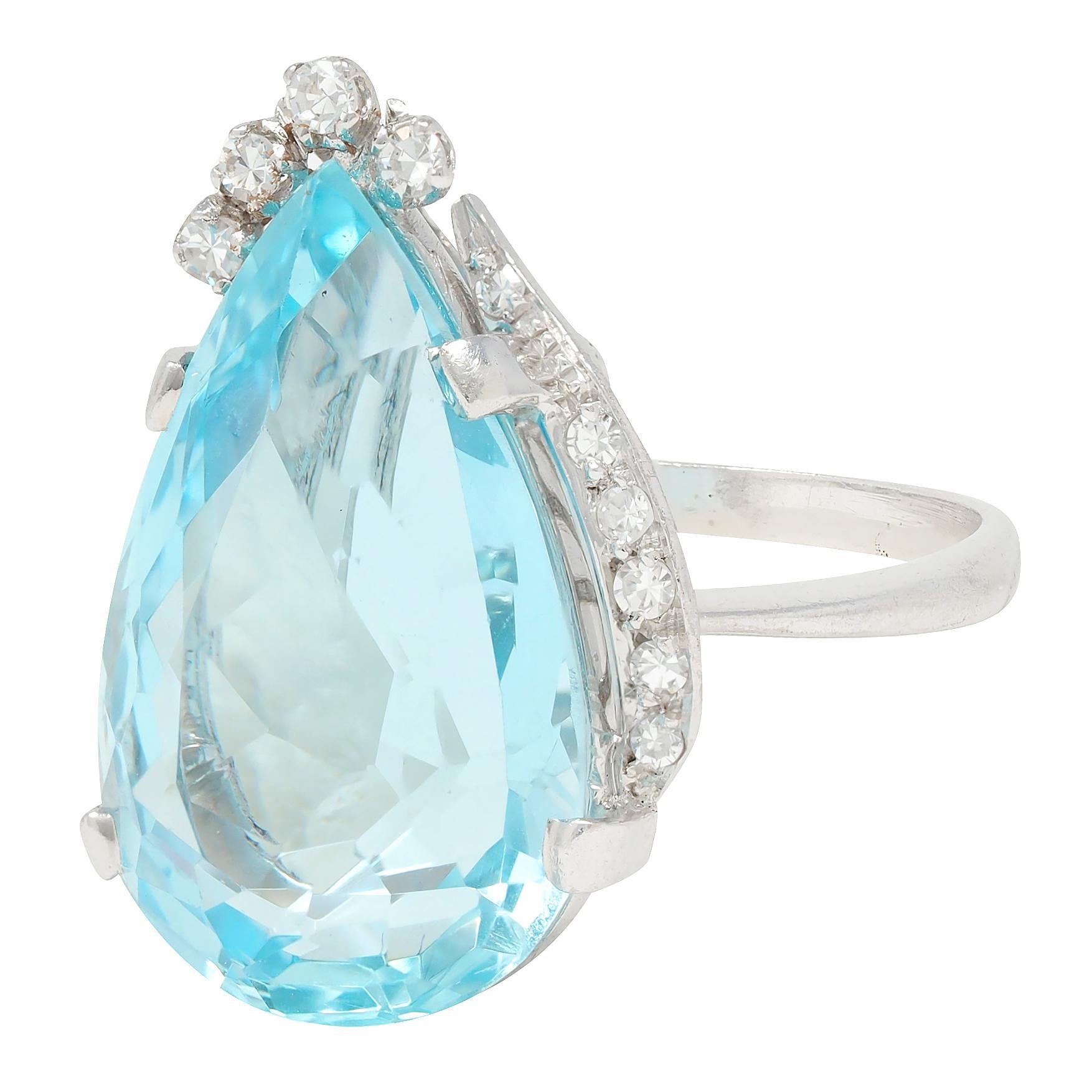 Mid-Century 12.00 CTW Pear Cut Aquamarine Diamond 18K Gold Vintage Cocktail Ring