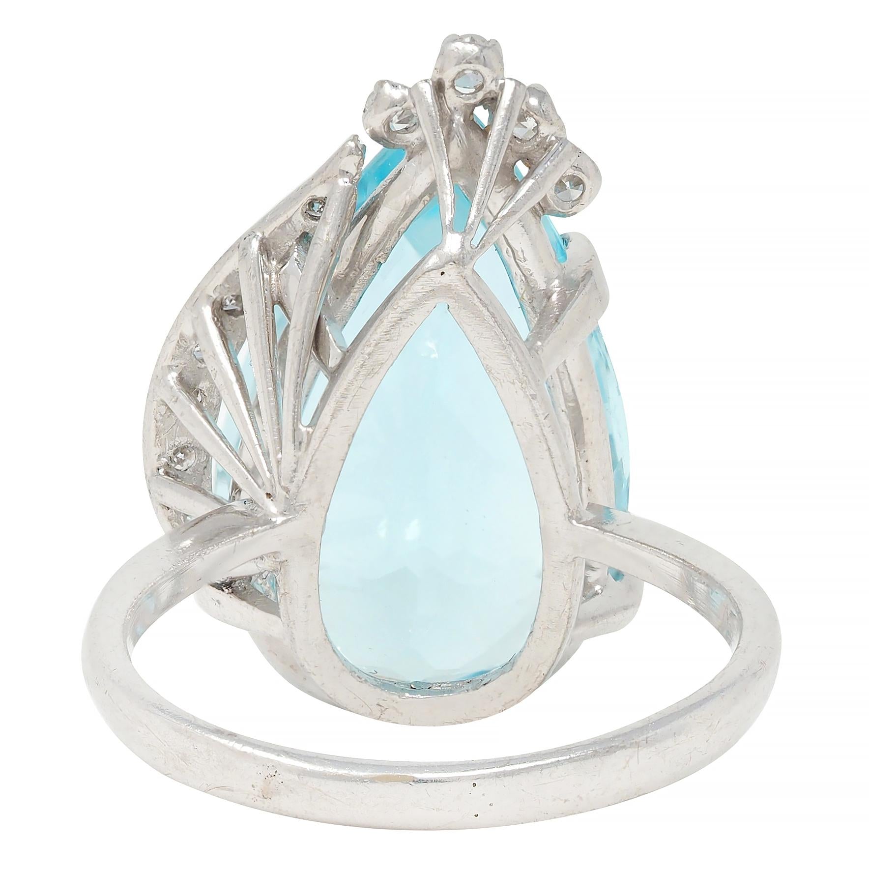 Mid-Century 12.00 CTW Pear Cut Aquamarine Diamond 18K Gold Vintage Cocktail Ring