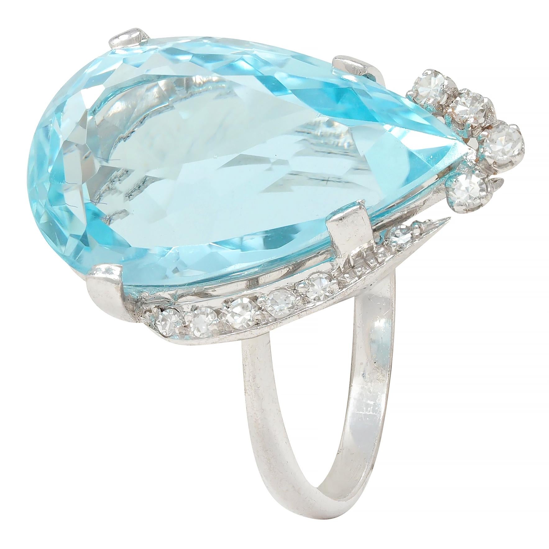 Mid-Century 12.00 CTW Pear Cut Aquamarine Diamond 18K Gold Vintage Cocktail Ring