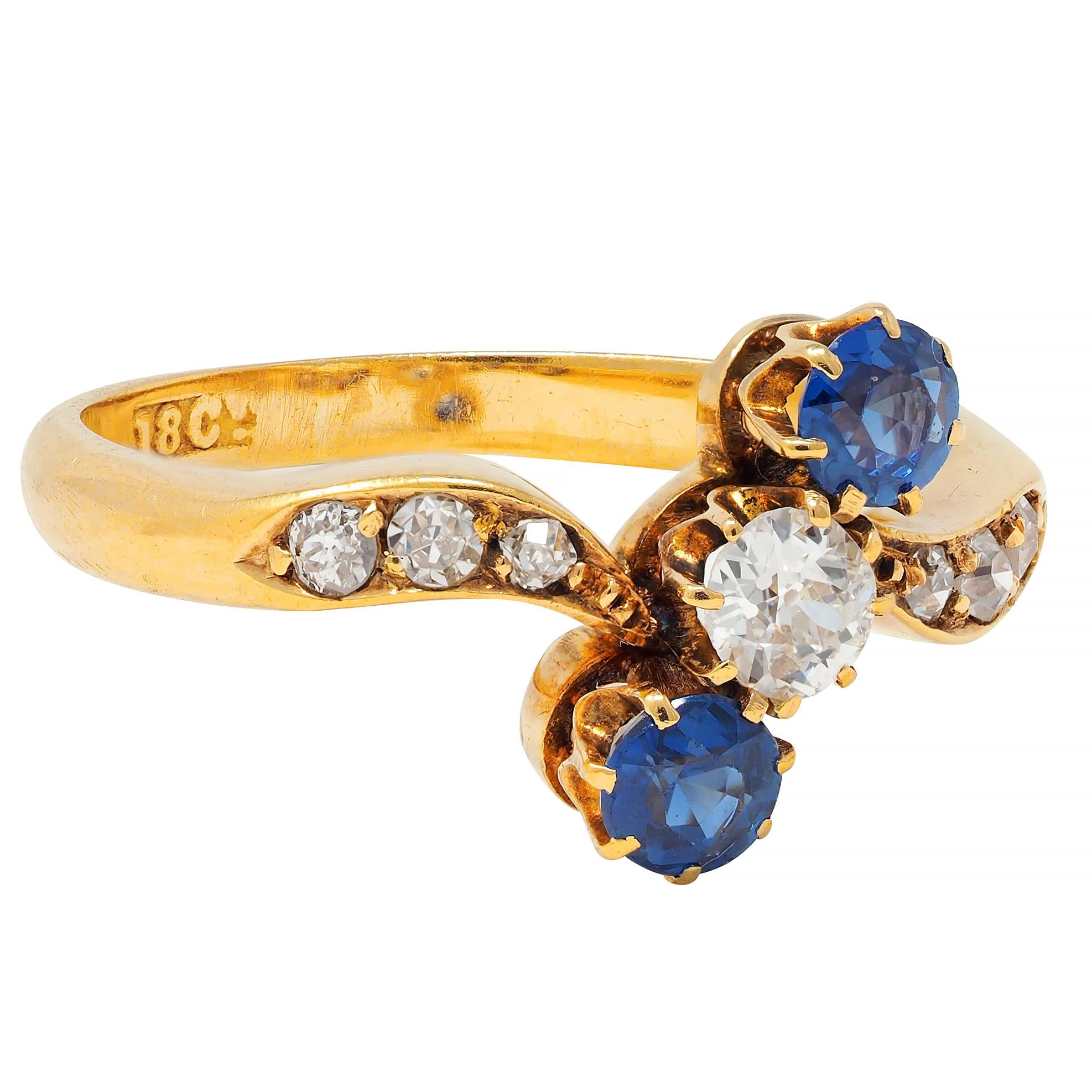 Victorian 0.68 CTW Sapphire Diamond 18 Karat Yellow Gold Antique Bypass Ring