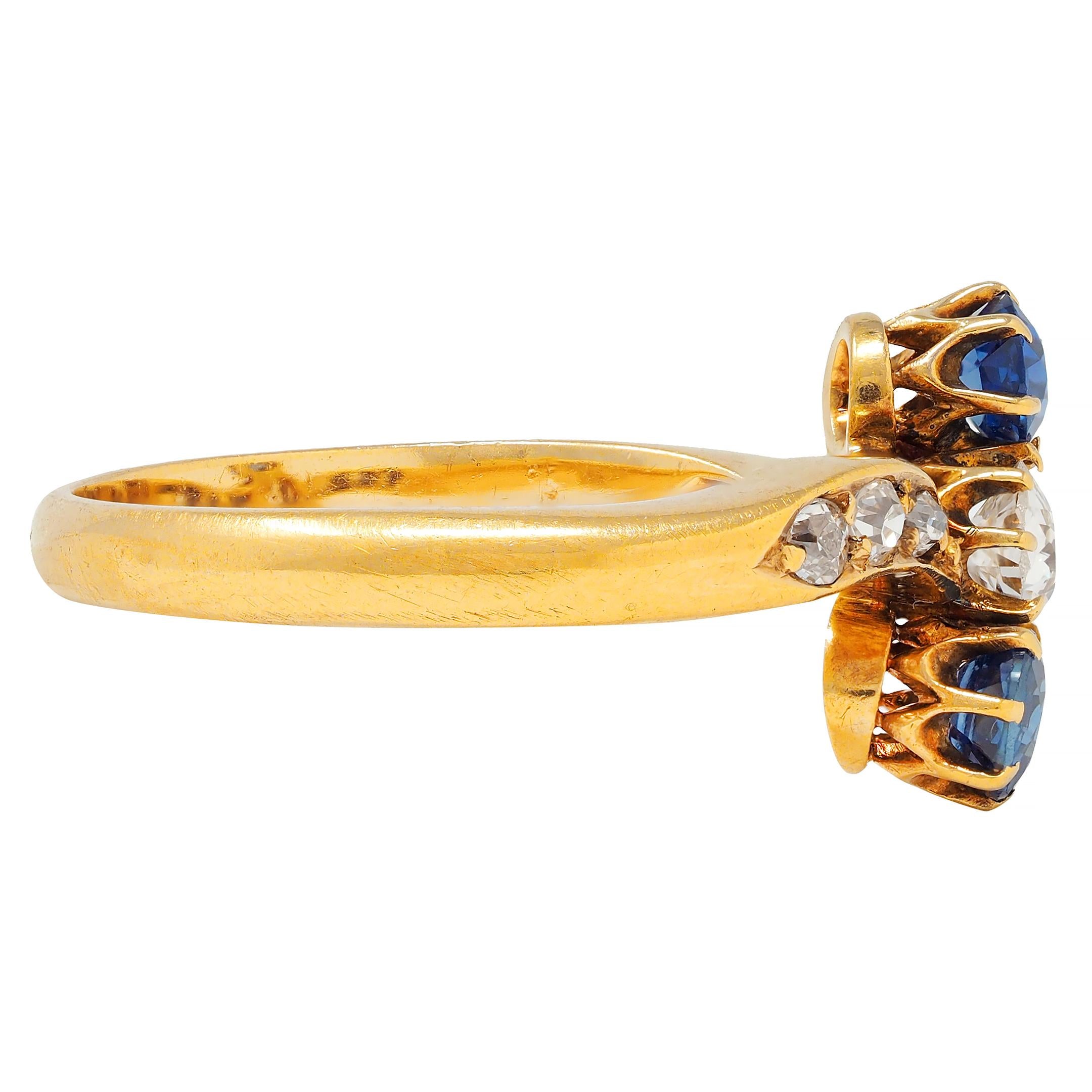 Victorian 0.68 CTW Sapphire Diamond 18 Karat Yellow Gold Antique Bypass Ring