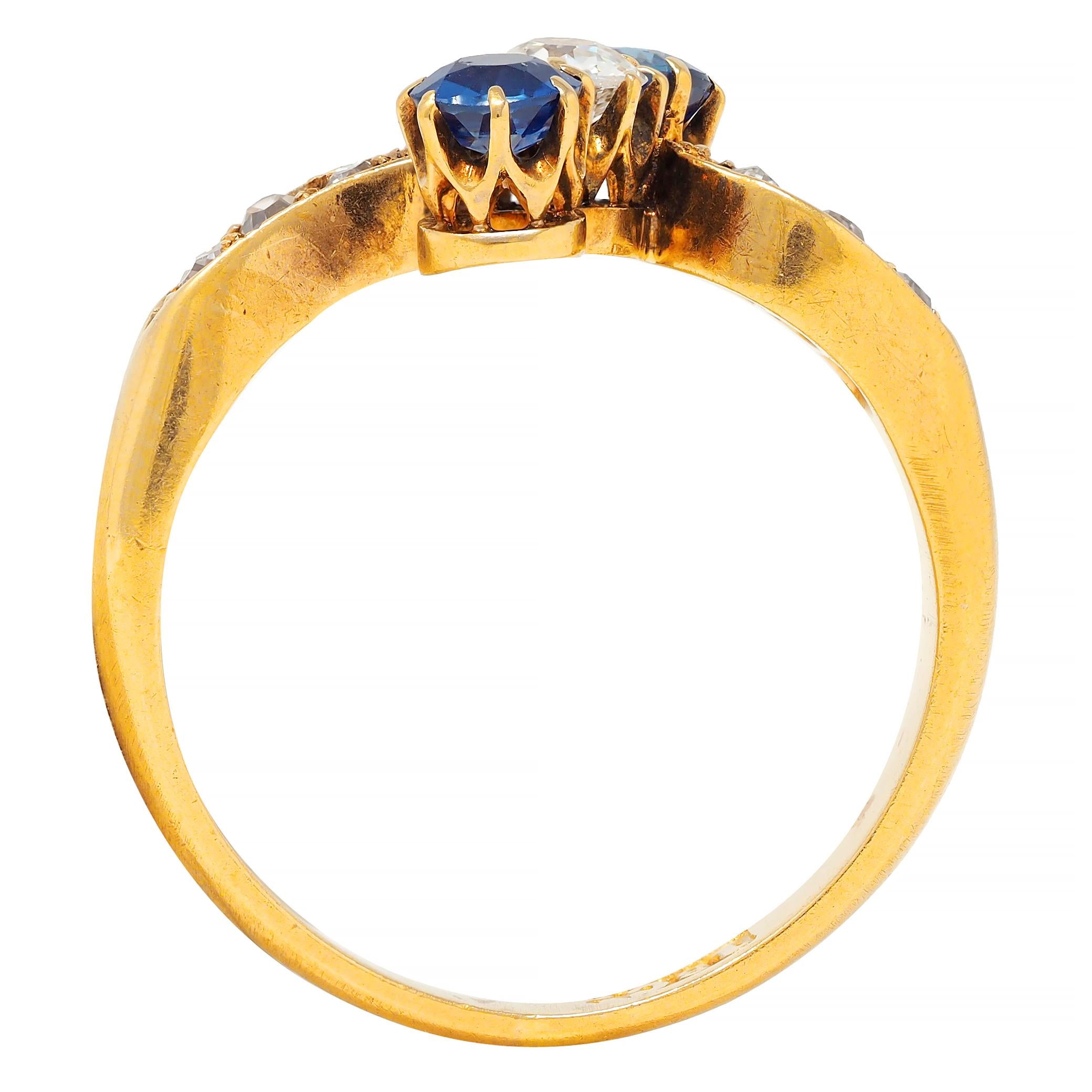 Victorian 0.68 CTW Sapphire Diamond 18 Karat Yellow Gold Antique Bypass Ring