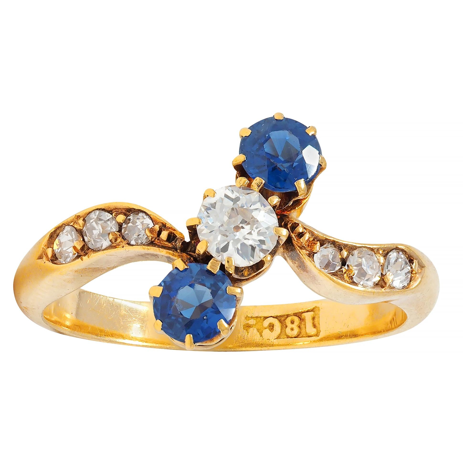 Victorian 0.68 CTW Sapphire Diamond 18 Karat Yellow Gold Antique Bypass Ring