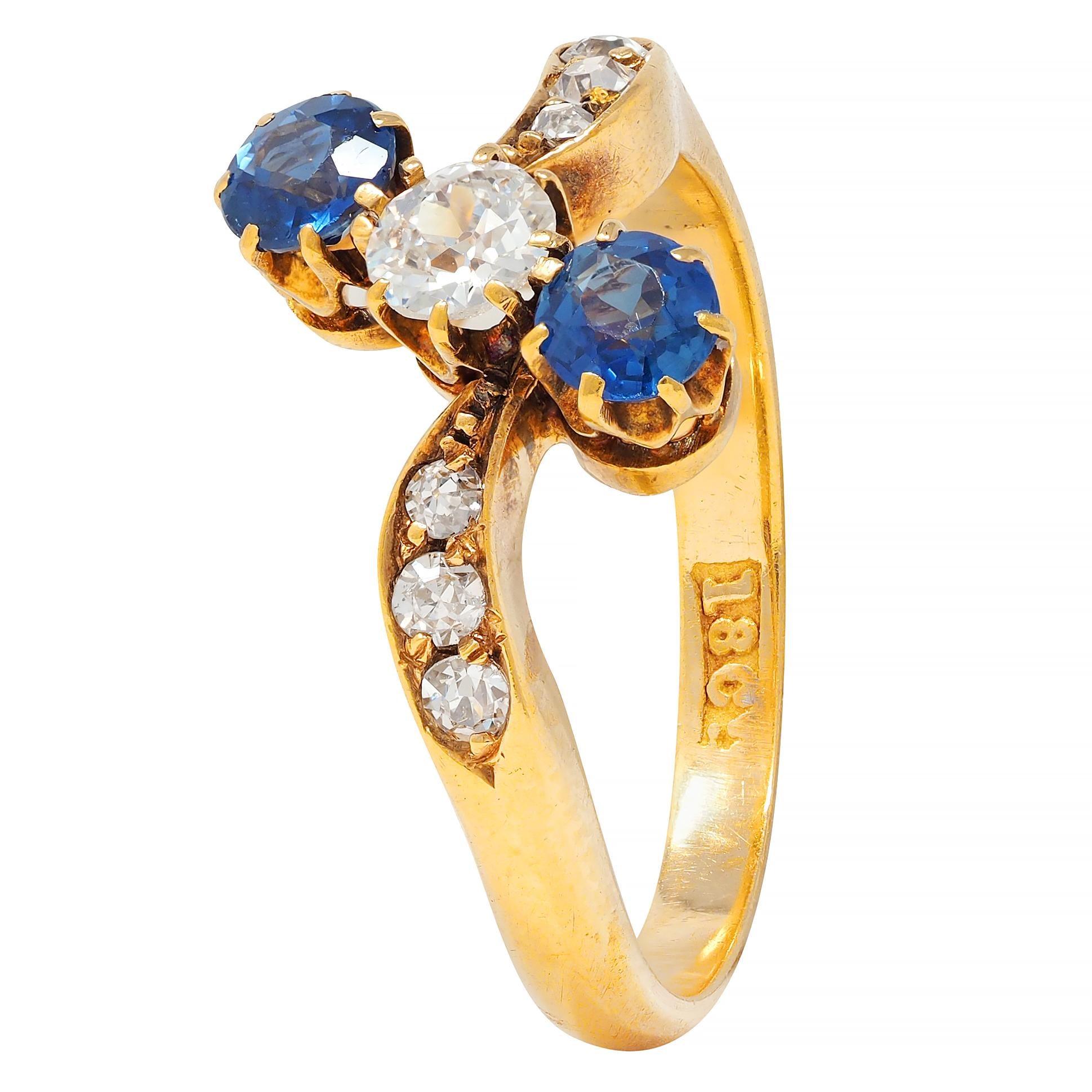 Victorian 0.68 CTW Sapphire Diamond 18 Karat Yellow Gold Antique Bypass Ring