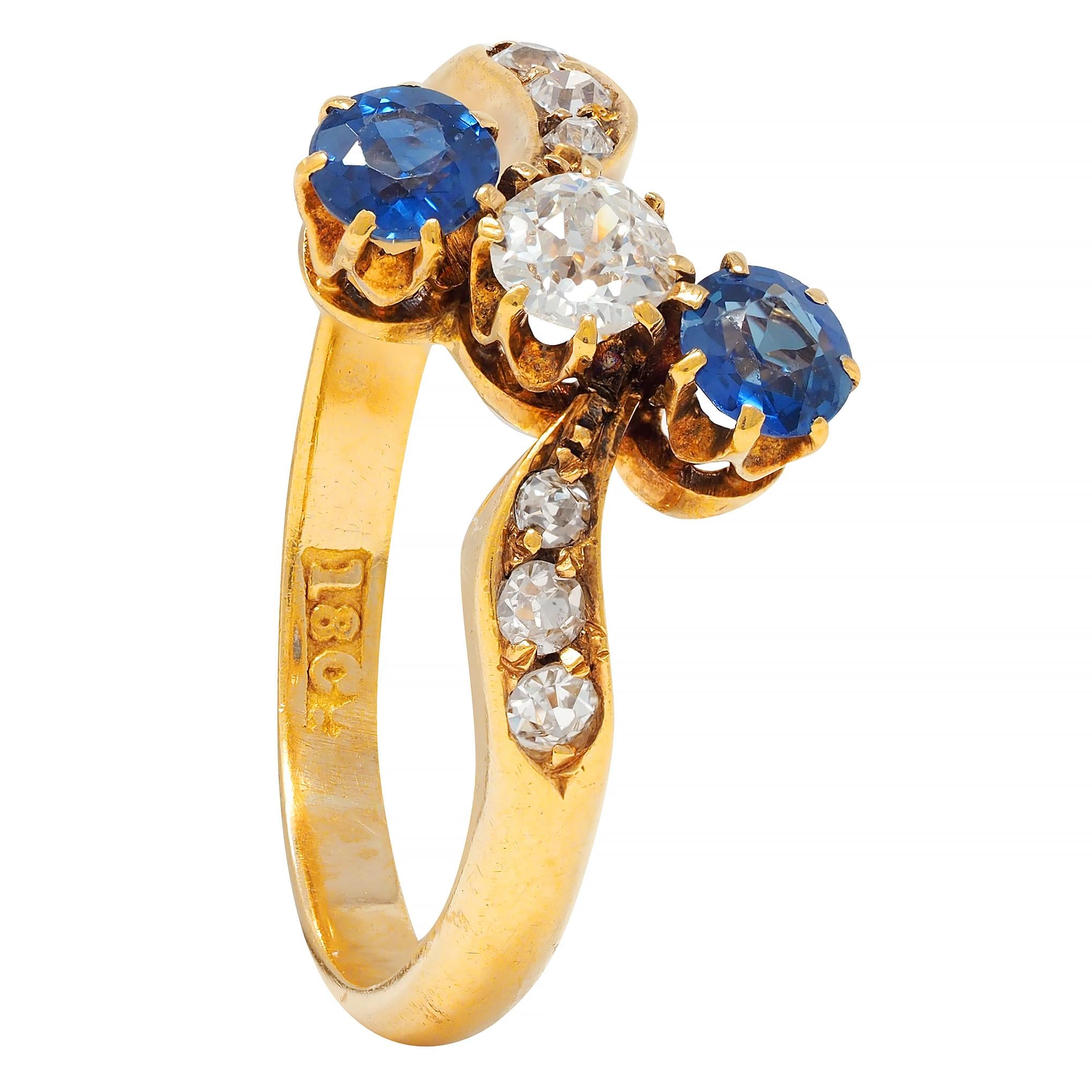 Victorian 0.68 CTW Sapphire Diamond 18 Karat Yellow Gold Antique Bypass Ring