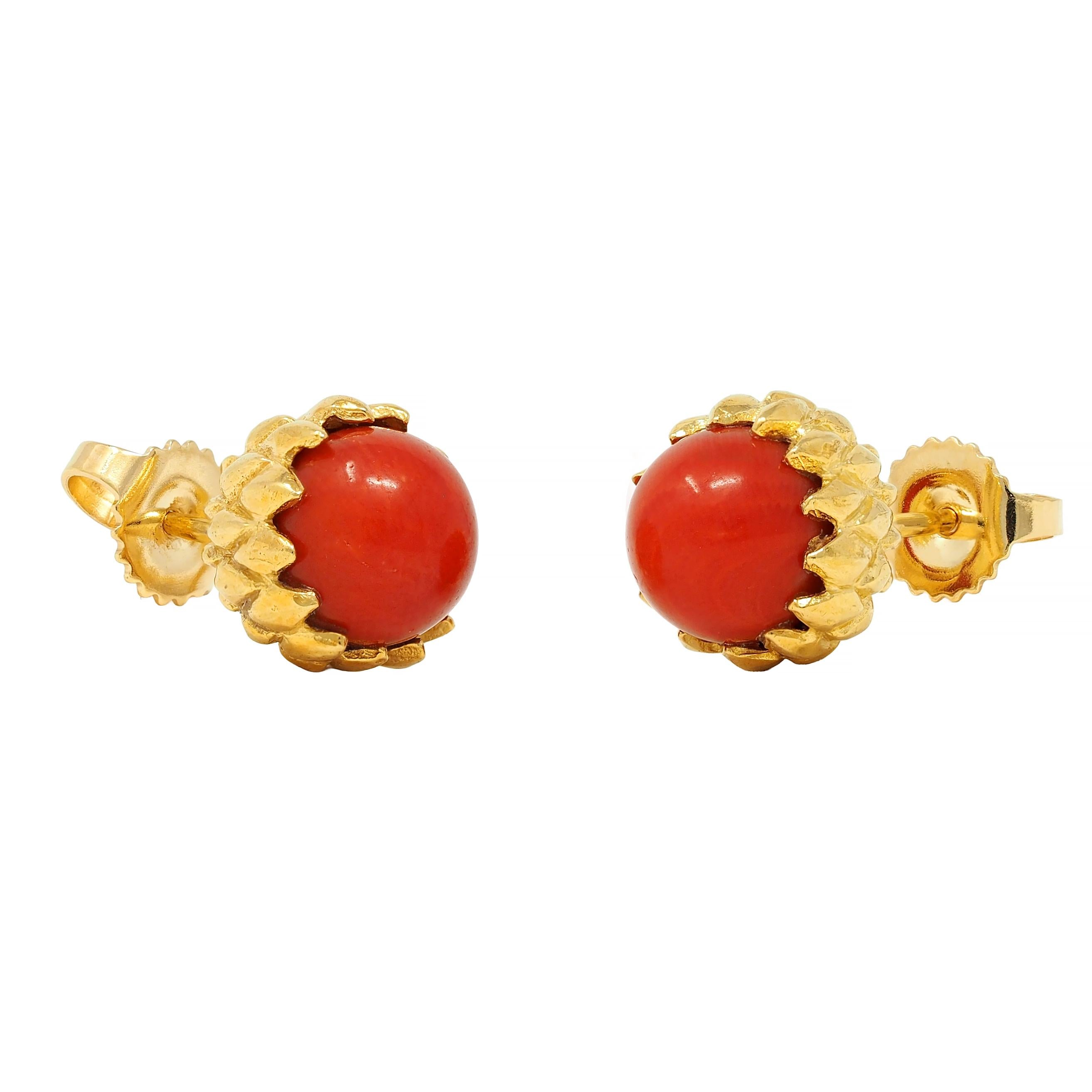 Tiffany & Co. 1960's Coral 18 Karat Yellow Gold Vintage Acorn Stud Earrings