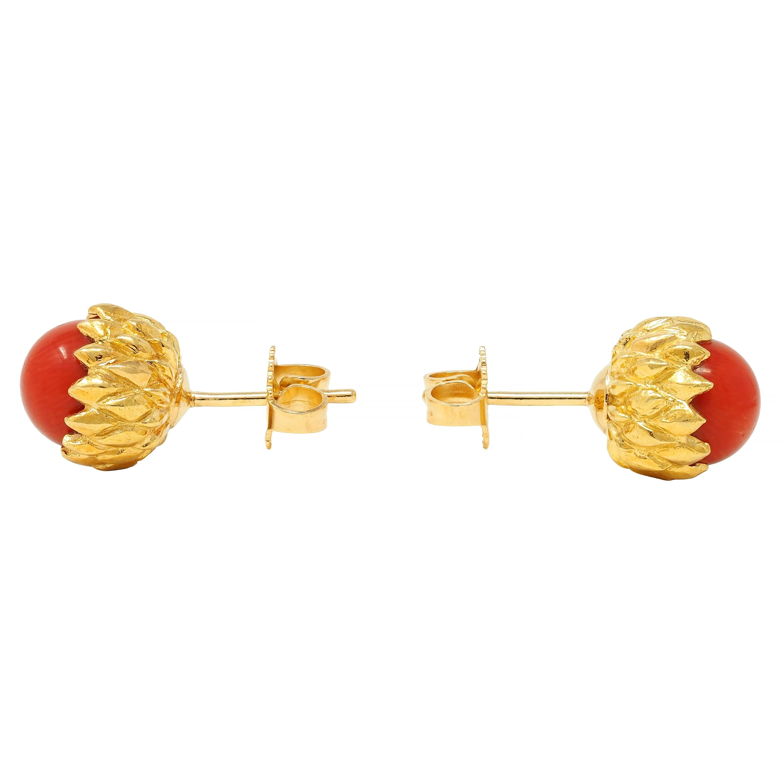 Tiffany & Co. 1960's Coral 18 Karat Yellow Gold Vintage Acorn Stud Earrings