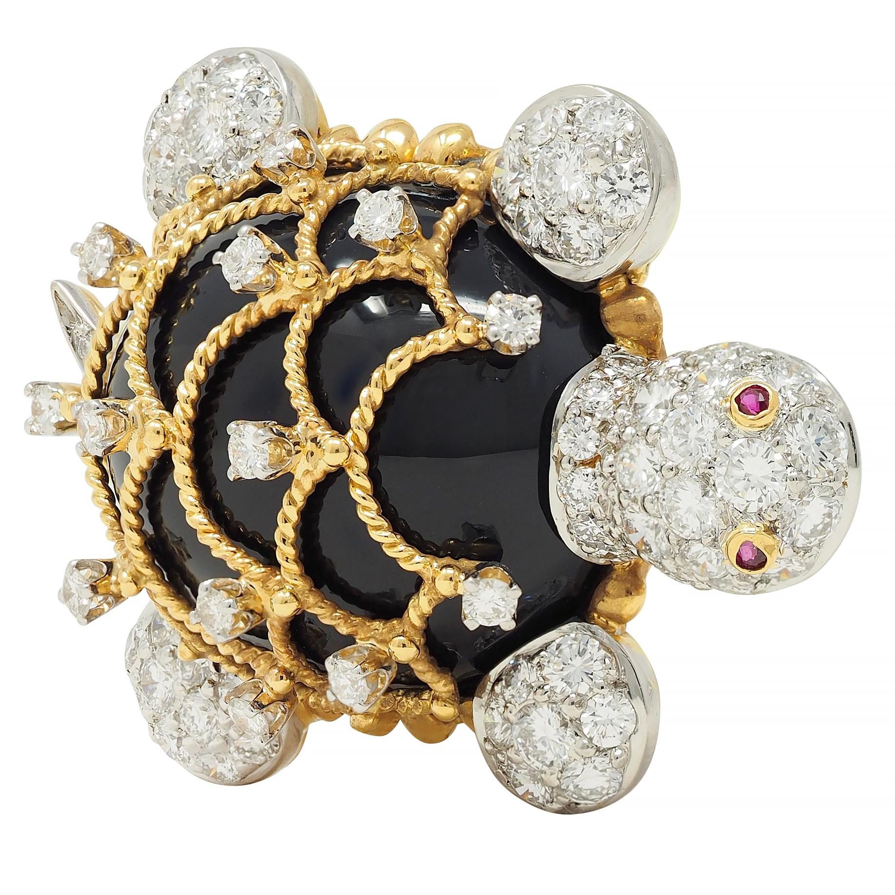 Hammerman 1960s 2.60 CTW Diamond Ruby Onyx Platinum 18K Gold Turtle Brooch