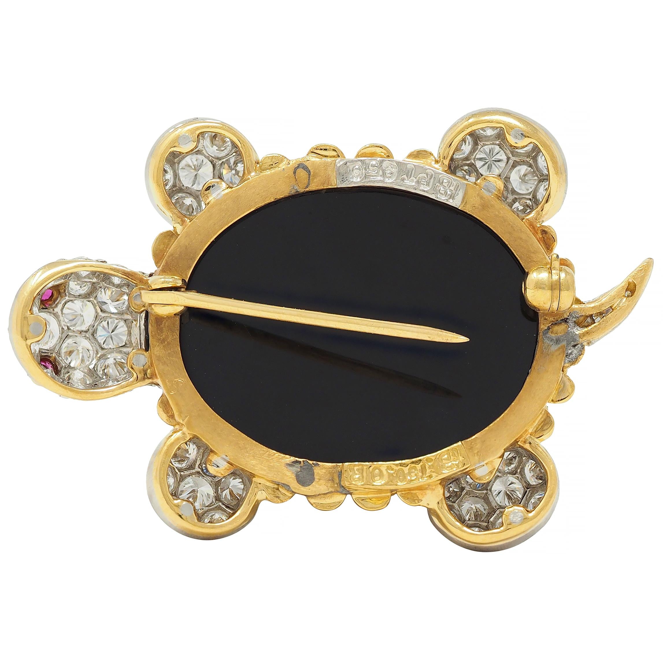 Hammerman 1960s 2.60 CTW Diamond Ruby Onyx Platinum 18K Gold Turtle Brooch