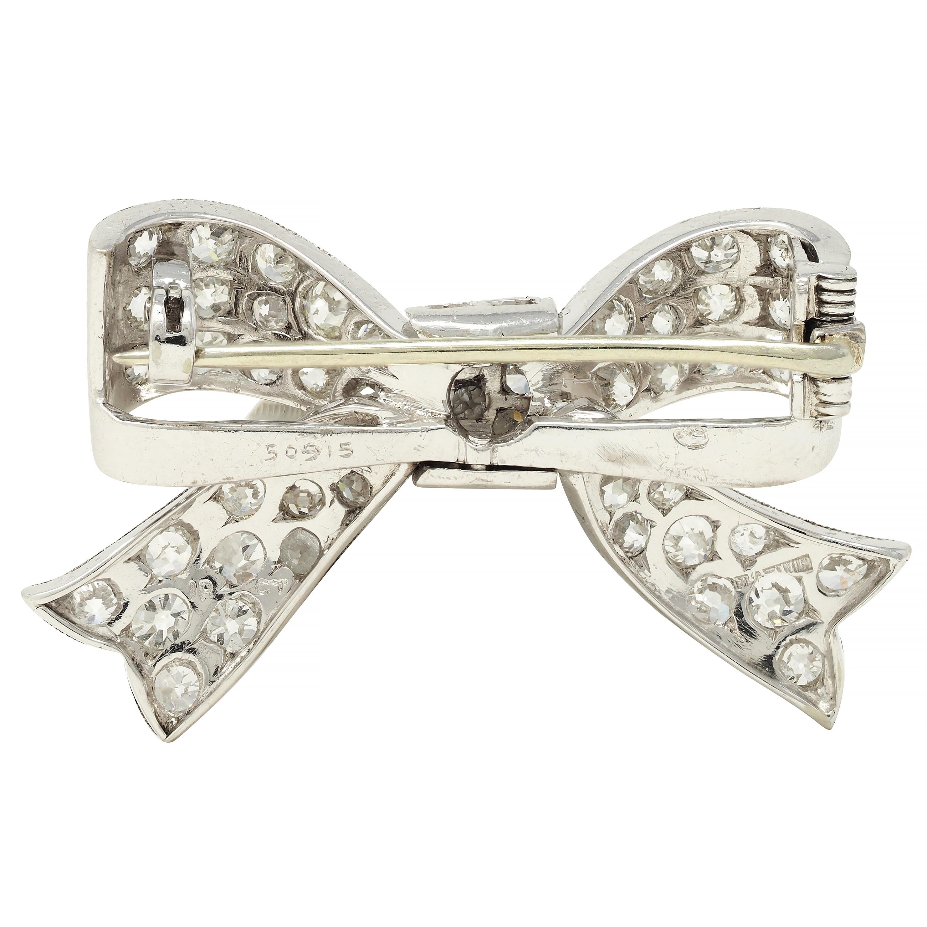 Art Deco 2.72 CTW Diamond Platinum 18 Karat Gold Vintage Bow Brooch