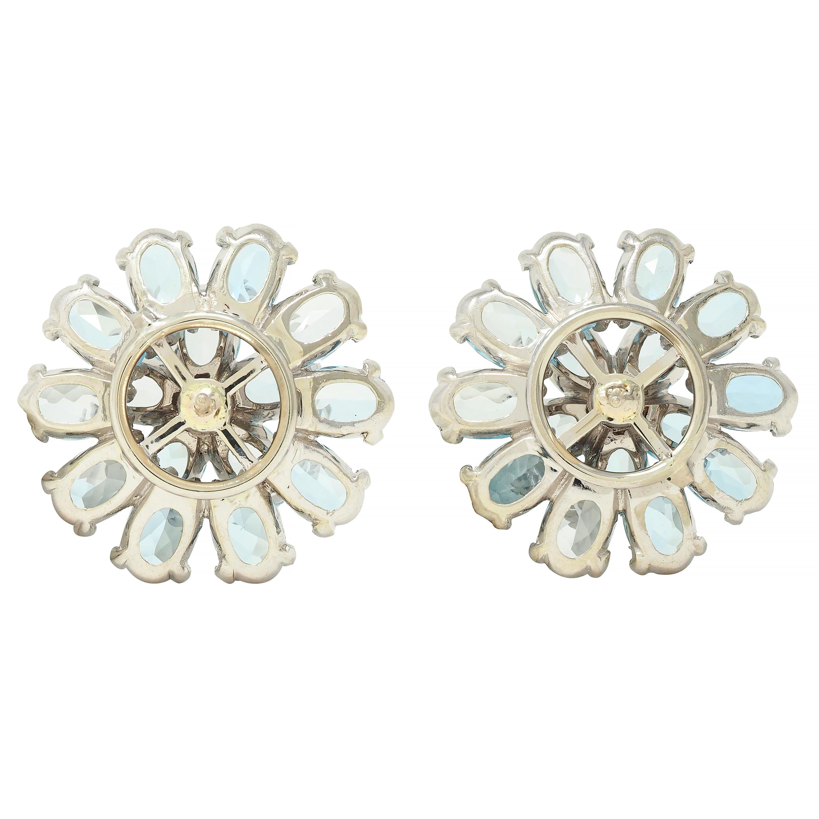 1960's 9.20 CTW Aquamarine Diamond 14 Karat White Gold Vintage Flower Earrings