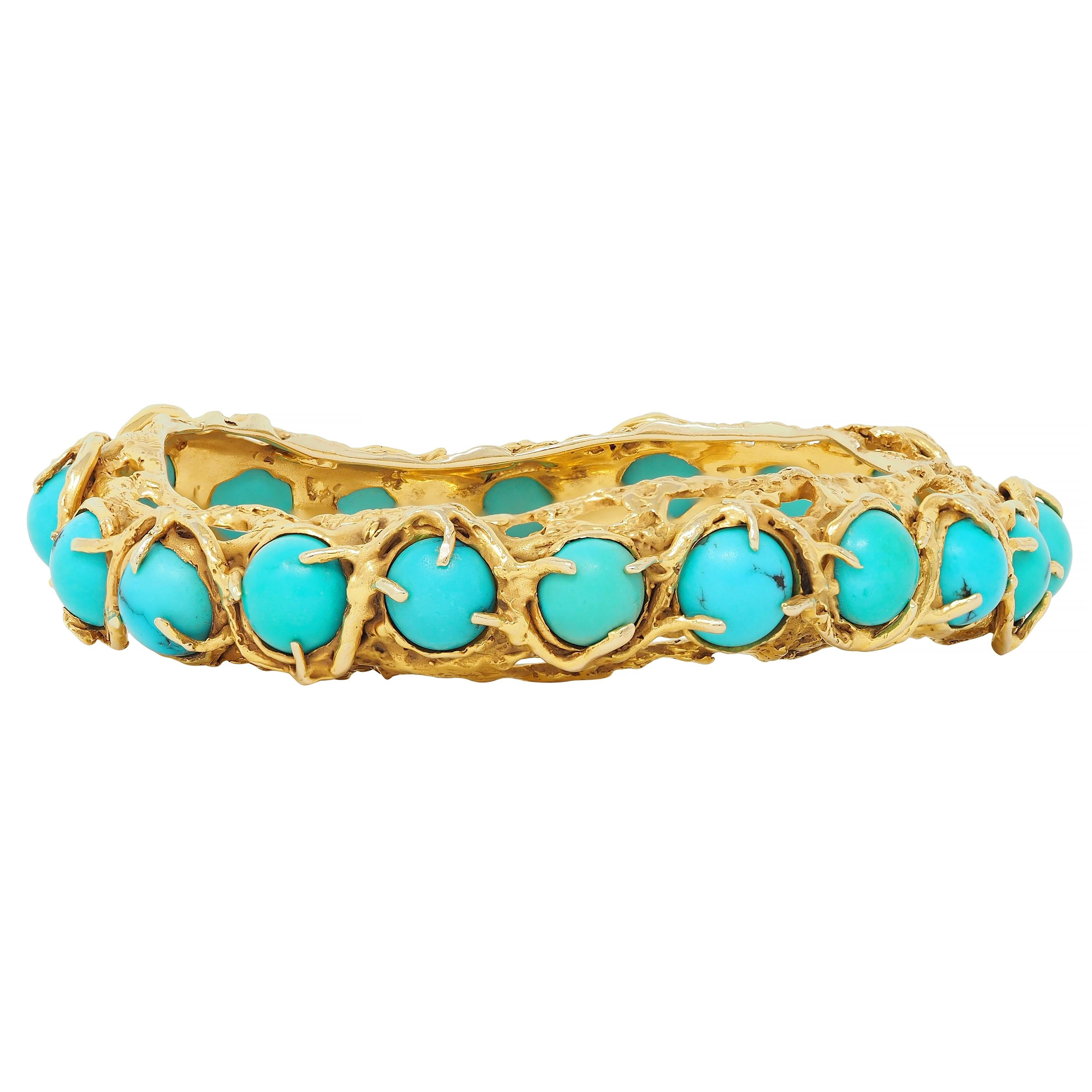 Arthur King Brutalist Turquoise Cabochon 18K Gold Vintage Bangle Bracelet