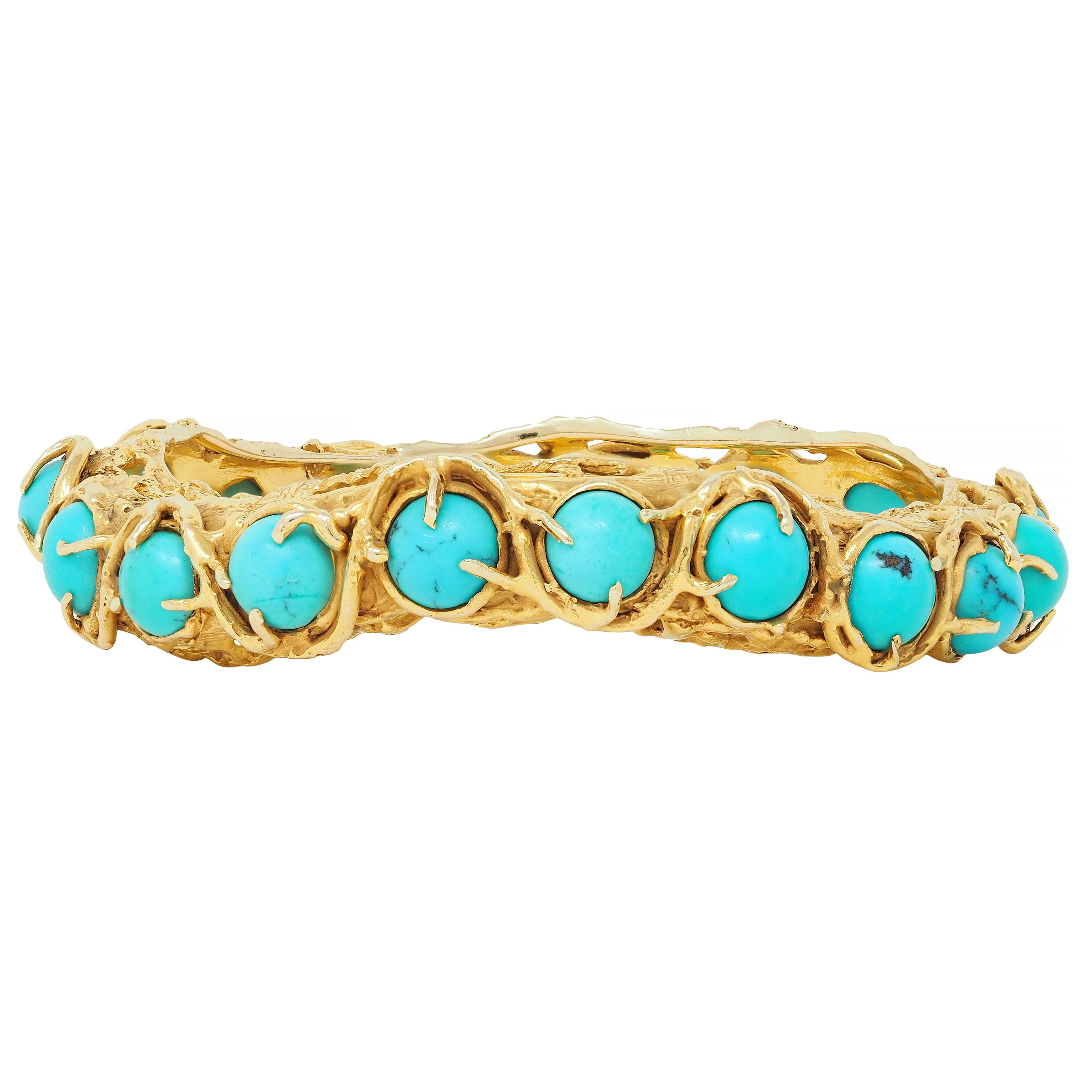 Arthur King Brutalist Turquoise Cabochon 18K Gold Vintage Bangle Bracelet