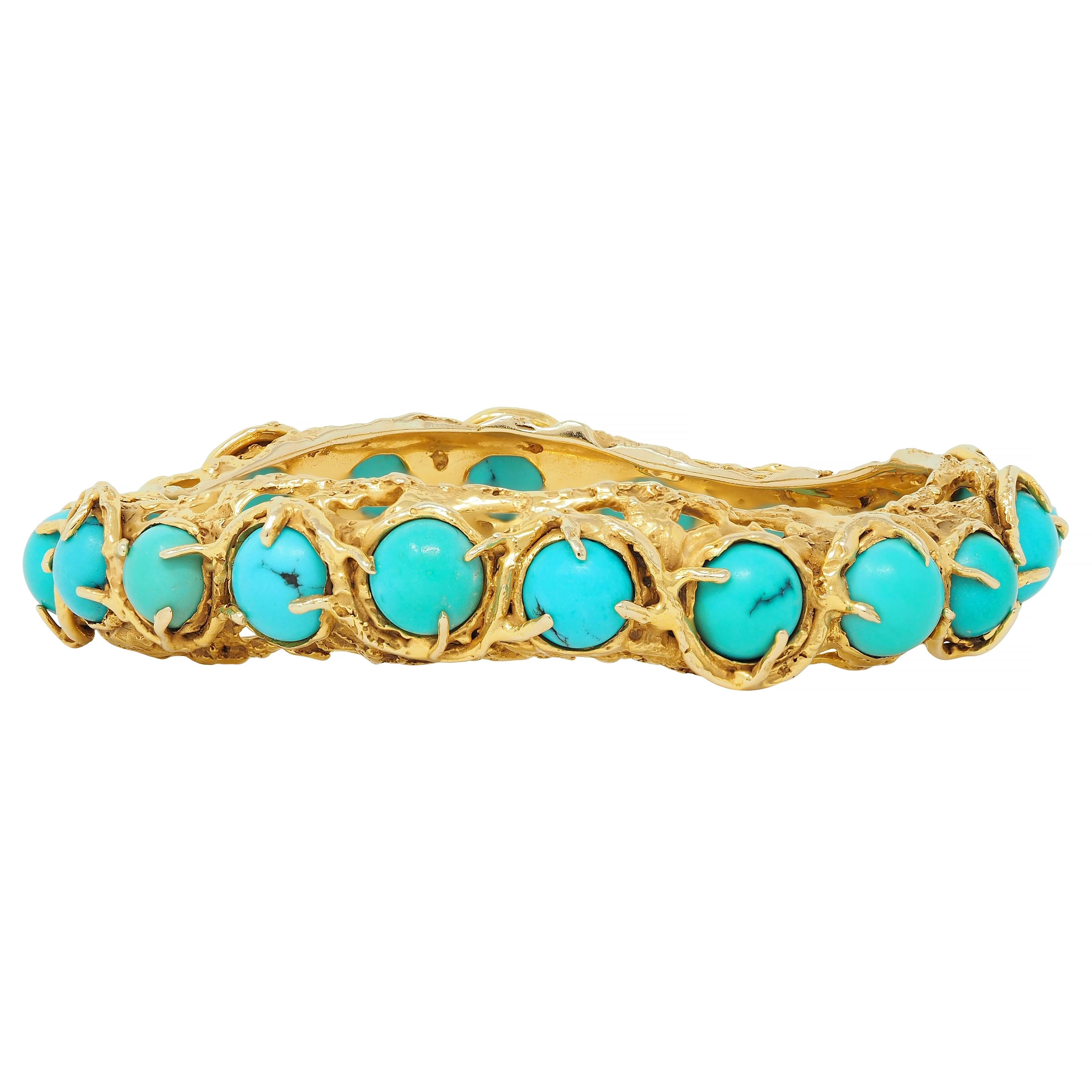 Arthur King Brutalist Turquoise Cabochon 18K Gold Vintage Bangle Bracelet