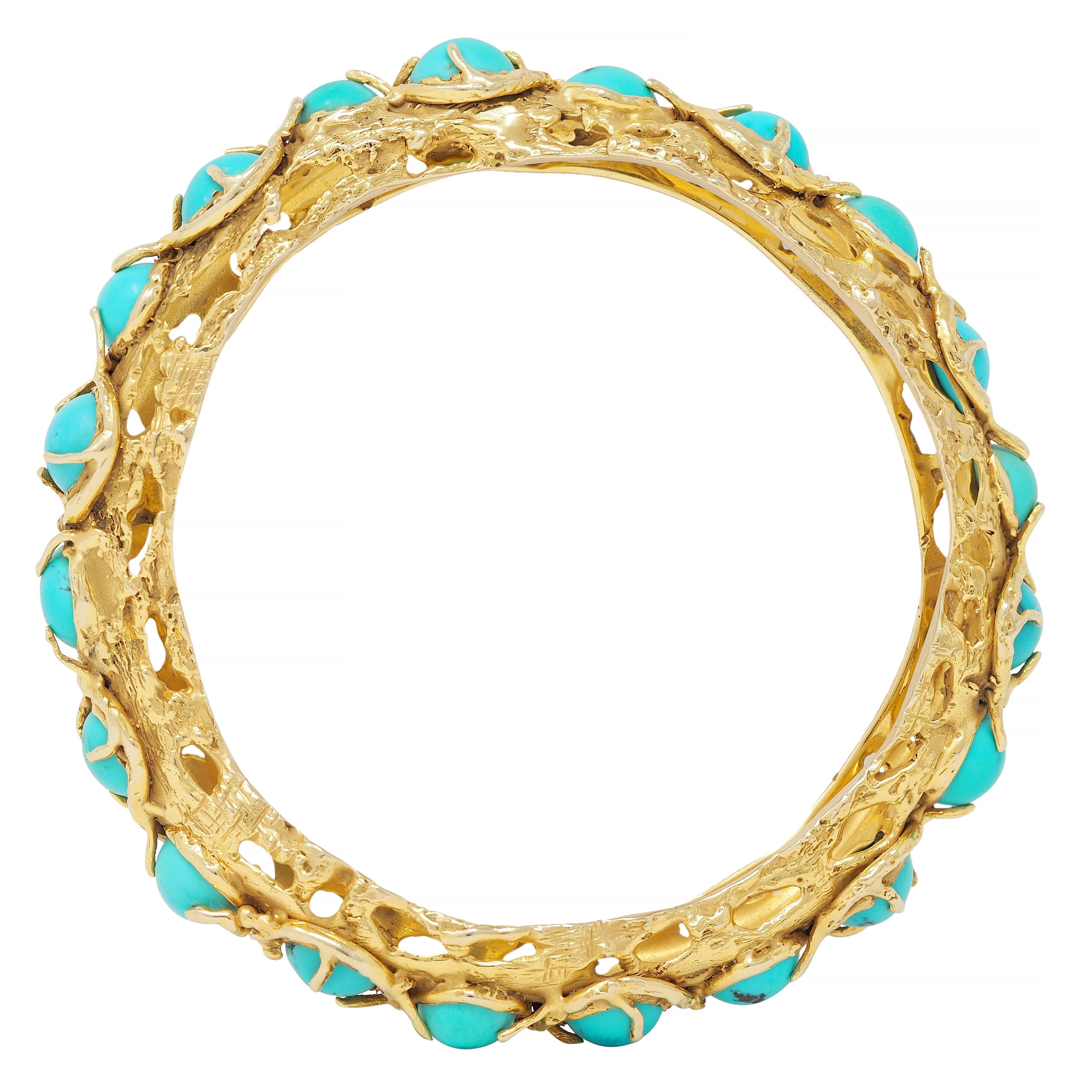 Arthur King Brutalist Turquoise Cabochon 18K Gold Vintage Bangle Bracelet