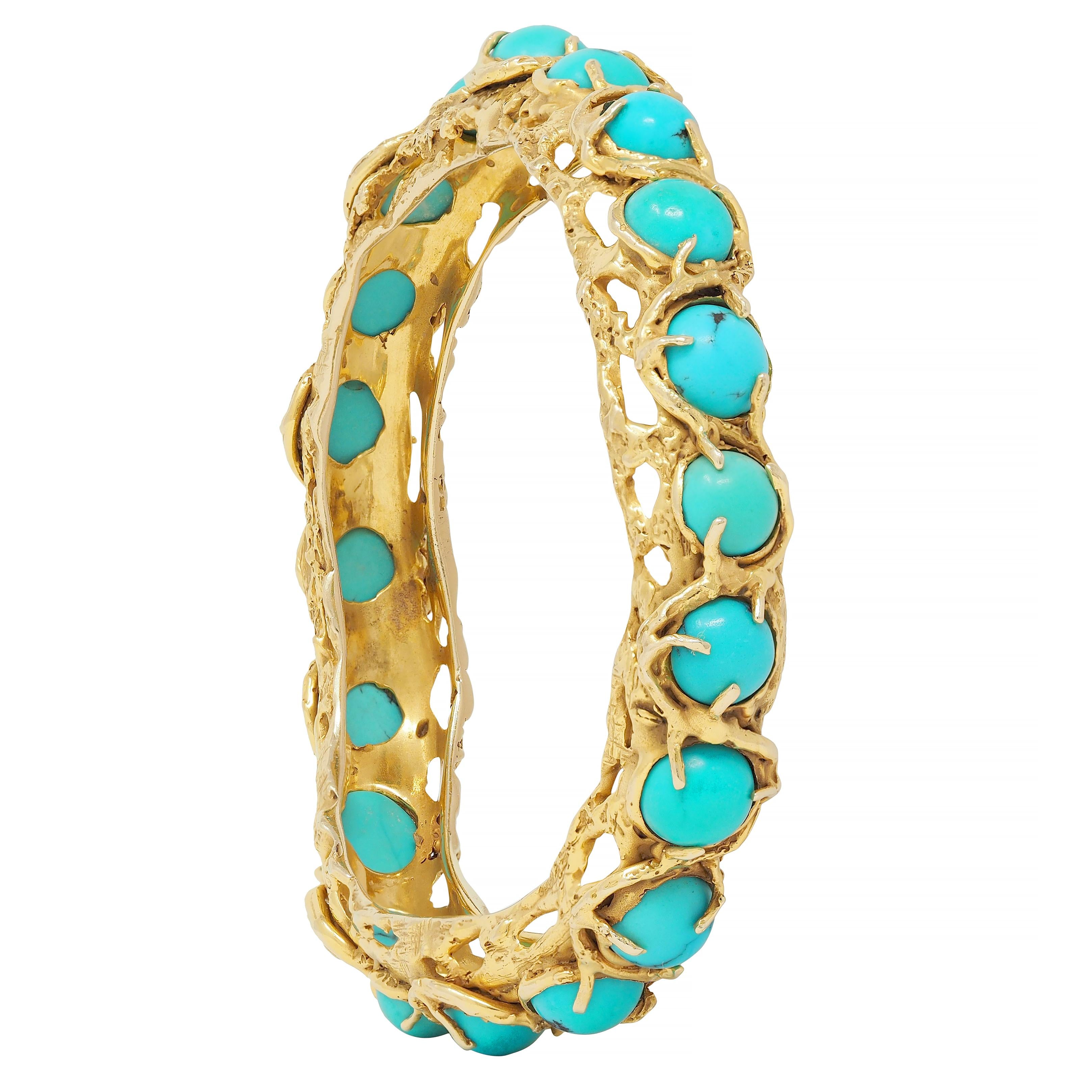Arthur King Brutalist Turquoise Cabochon 18K Gold Vintage Bangle Bracelet